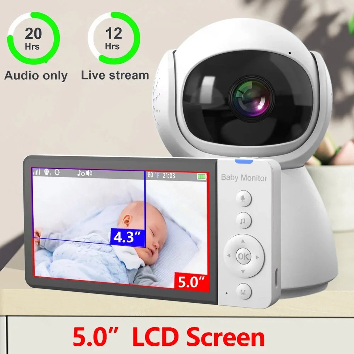 Eszenzics™ Babyfoon - Draadloos - 5 inch LED scherm - HD 1080p - 2-weg communicatie - Infrarood nachtzicht - Muziek - Uitbreidbaar met extra camera - Tot 200m'