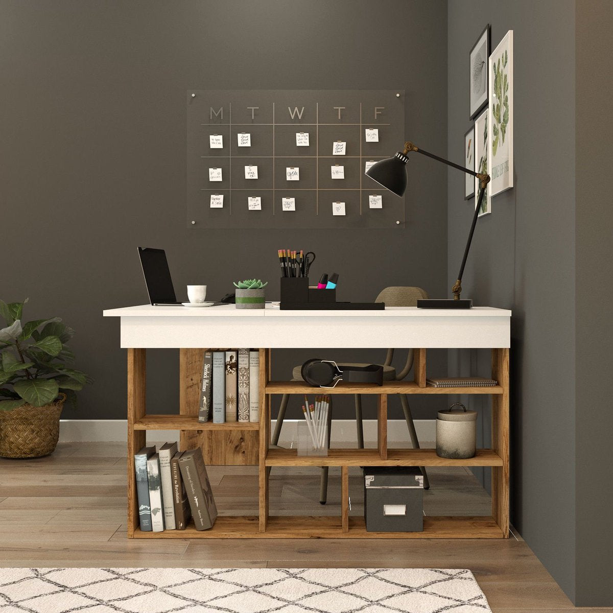 Hoekbureau met opbergruimte - Wit en naturel - LILEUL B 129 cm x H 72 cm x D 120 cm