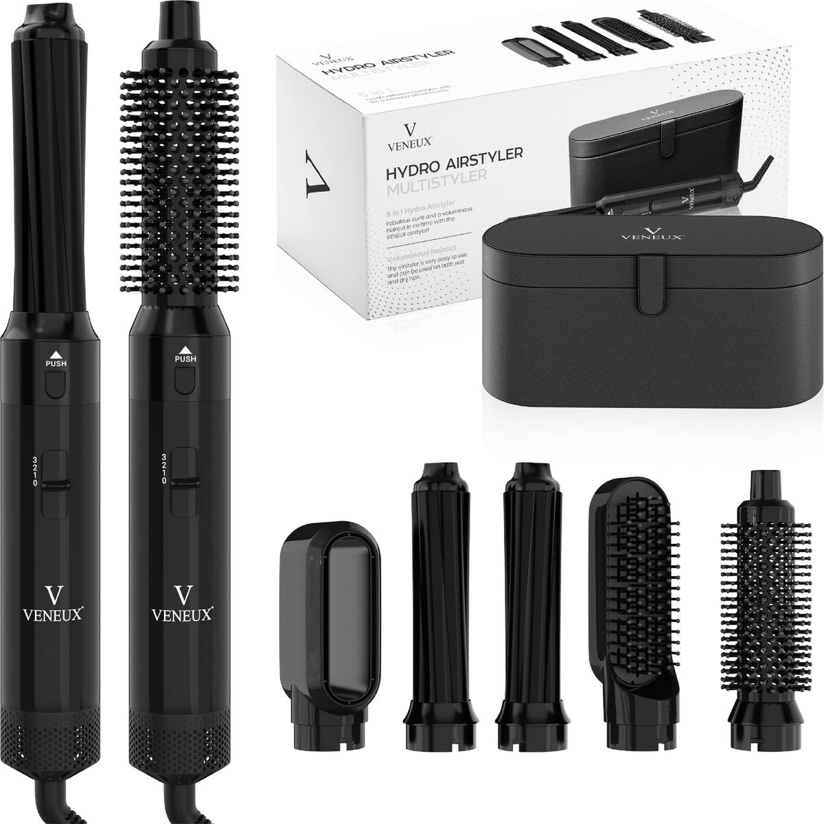 VENEUX® Föhnborstel - Airstyler - Krulborstel - Krultangen - 5 in 1 Multistyler - Met Opbergcase - Zwart
