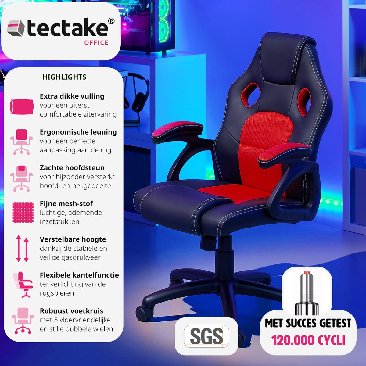 tectake® Gamingstoel - met Kantelfunctie, Directiestoel, Bureaustoel op Wielen - In Hoogte Verstelbare Ergonomische Bureaustoel - PC Stoel - Zwart/Rood