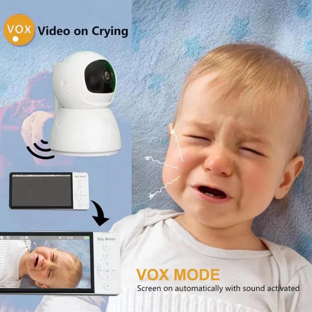 Eszenzics™ Babyfoon - Draadloos - 5 inch LED scherm - HD 1080p - 2-weg communicatie - Infrarood nachtzicht - Muziek - Uitbreidbaar met extra camera - Tot 200m'
