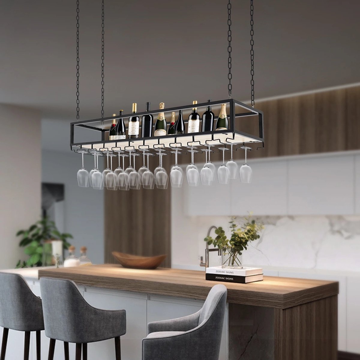 Wine Rack - Hanging - With Glass Holder - Adjustable Chains up to 1M - Industrial - Ceiling Mount - 110cm - Load Capacity 75 kg