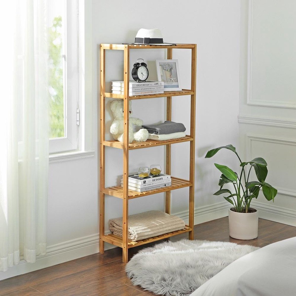 Bamboo Wooden Storage Rack - As an open bathroom rack, shoe rack or kitchen rack - Storage cabinet with 5 adjustable levels / shelves - Rack for bathroom, kitchen and hall - 60 cm wide - Decopatent®