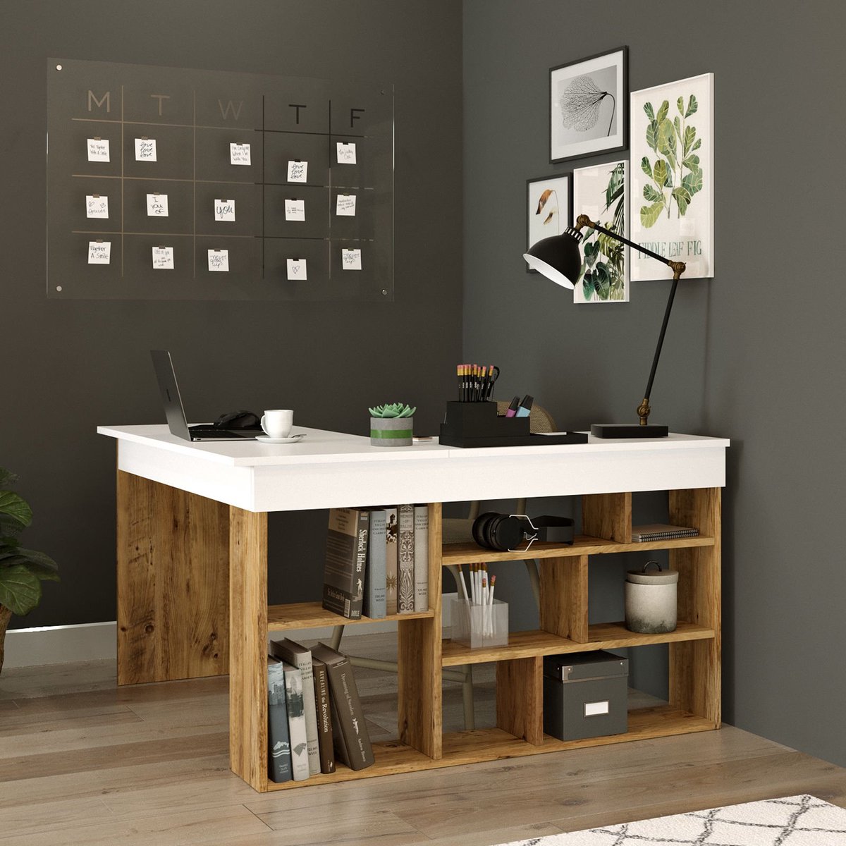 Hoekbureau met opbergruimte - Wit en naturel - LILEUL B 129 cm x H 72 cm x D 120 cm