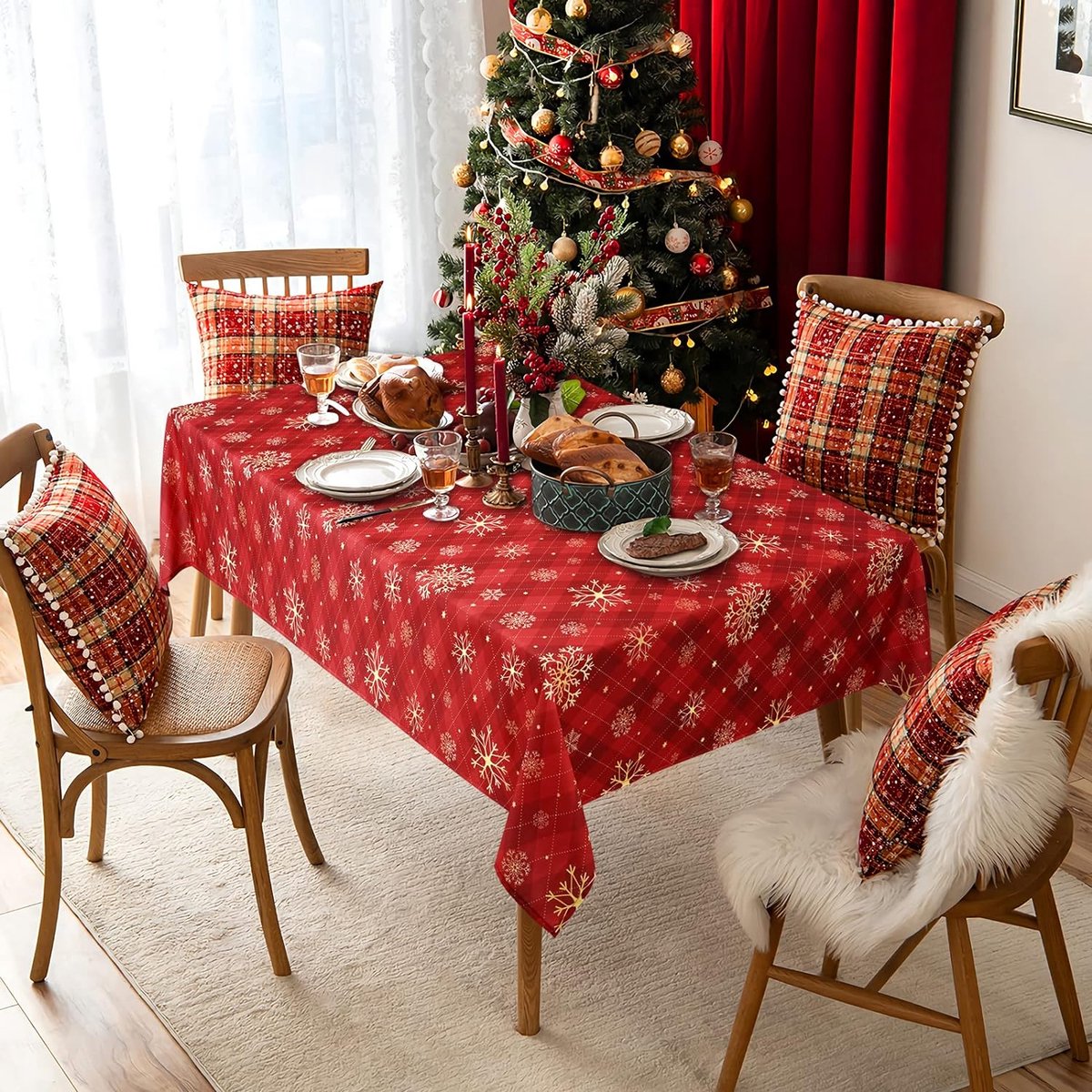 Rood kersttafelkleed, gele sneeuwvlokken, geruit, rechthoekig, waterdicht lotuseffect, afwasbaar tafelkleed voor feestdagen, eettafel, winter, feest, 130 x 220 cm