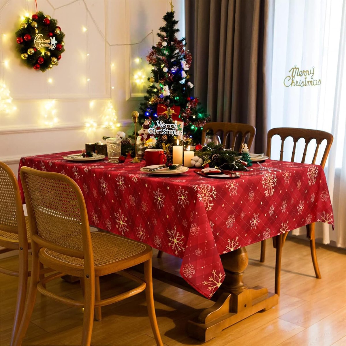 Rood kersttafelkleed, gele sneeuwvlokken, geruit, rechthoekig, waterdicht lotuseffect, afwasbaar tafelkleed voor vakantie, eettafel, winter, party, 130 x 220 cm