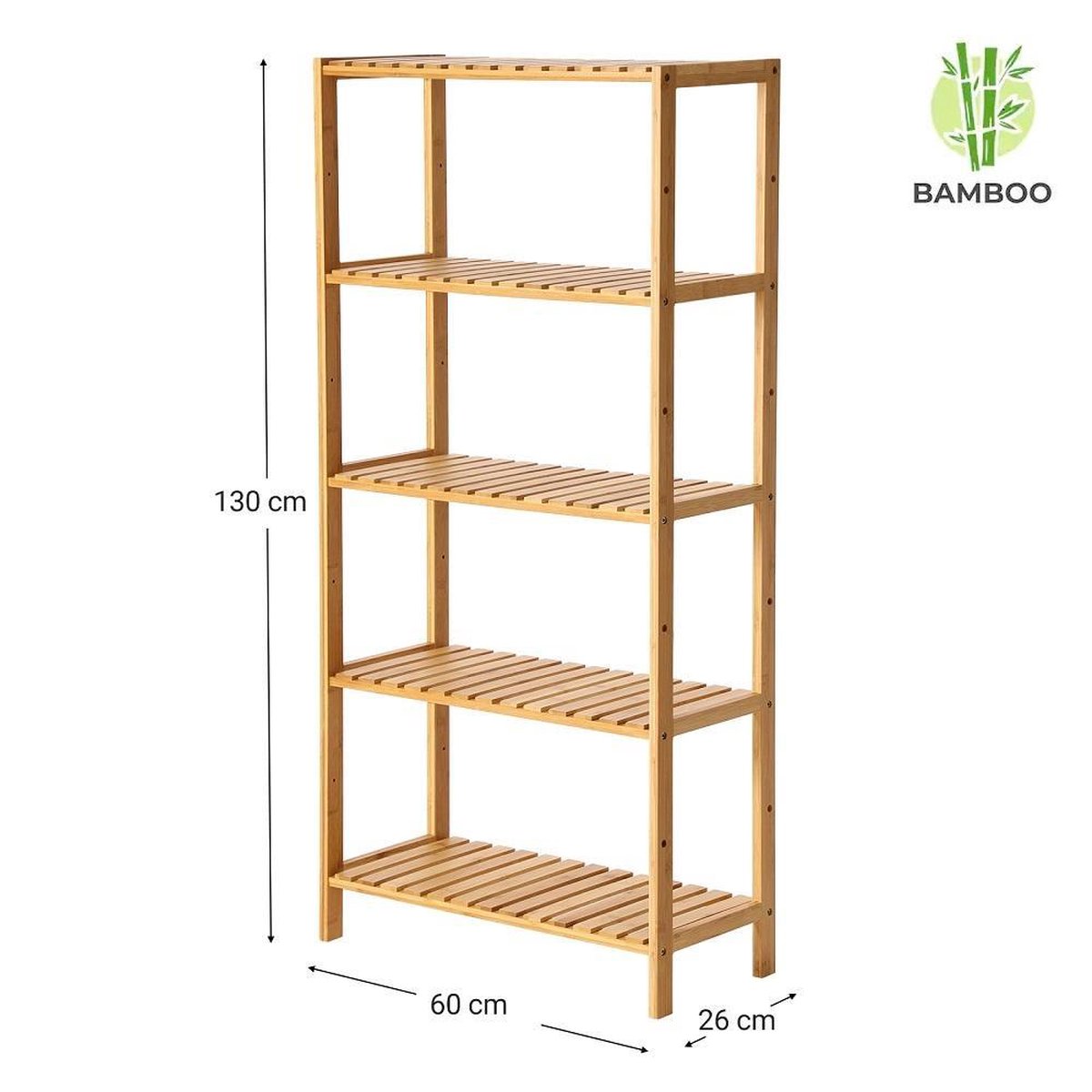Bamboo Wooden Storage Rack - As an open bathroom rack, shoe rack or kitchen rack - Storage cabinet with 5 adjustable levels / shelves - Rack for bathroom, kitchen and hall - 60 cm wide - Decopatent®