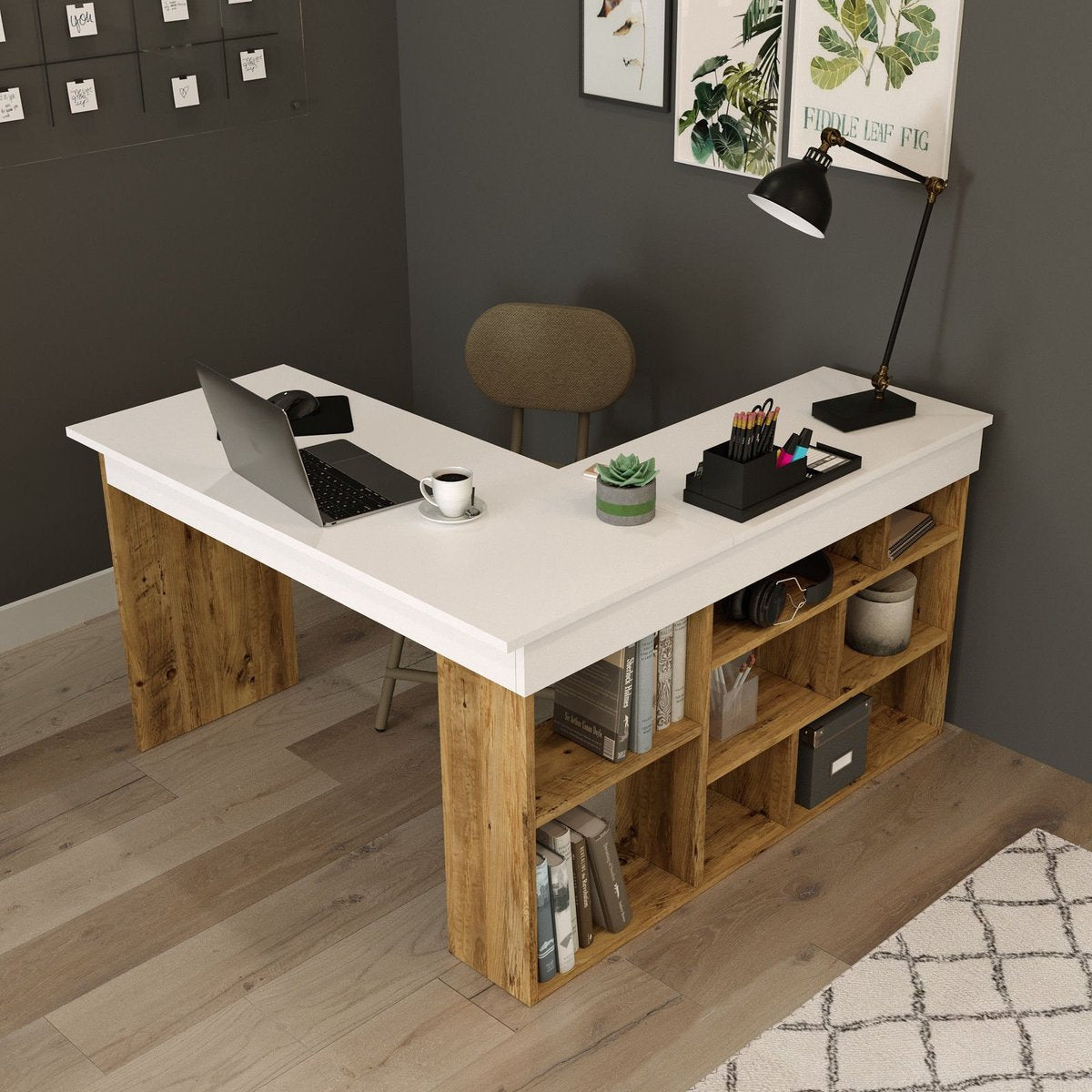 Hoekbureau met opbergruimte - Wit en naturel - LILEUL B 129 cm x H 72 cm x D 120 cm