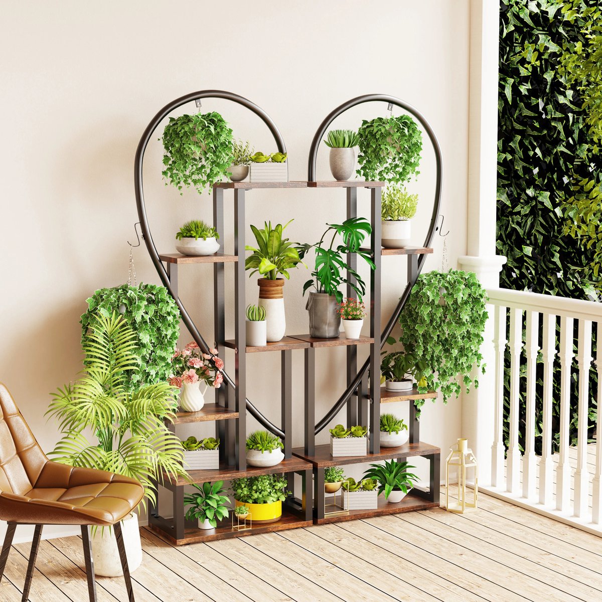 Plantenstandaard - Plantenrek - Plantentafel - Voor Binnen En Buiten - Hartvorm - 112x28x165cm - Zwart - Bruin
