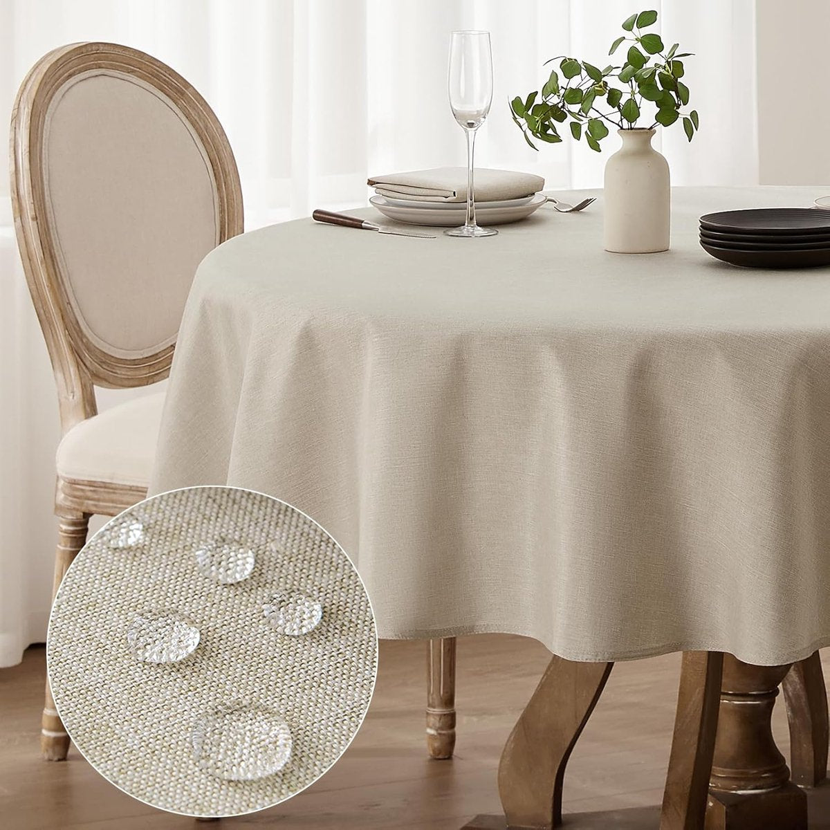 Round tablecloth, 180 cm diameter, washable, linen look, beige, water-repellent, table linen, small garden tablecloth, tablecloth for camping, weddings, birthday