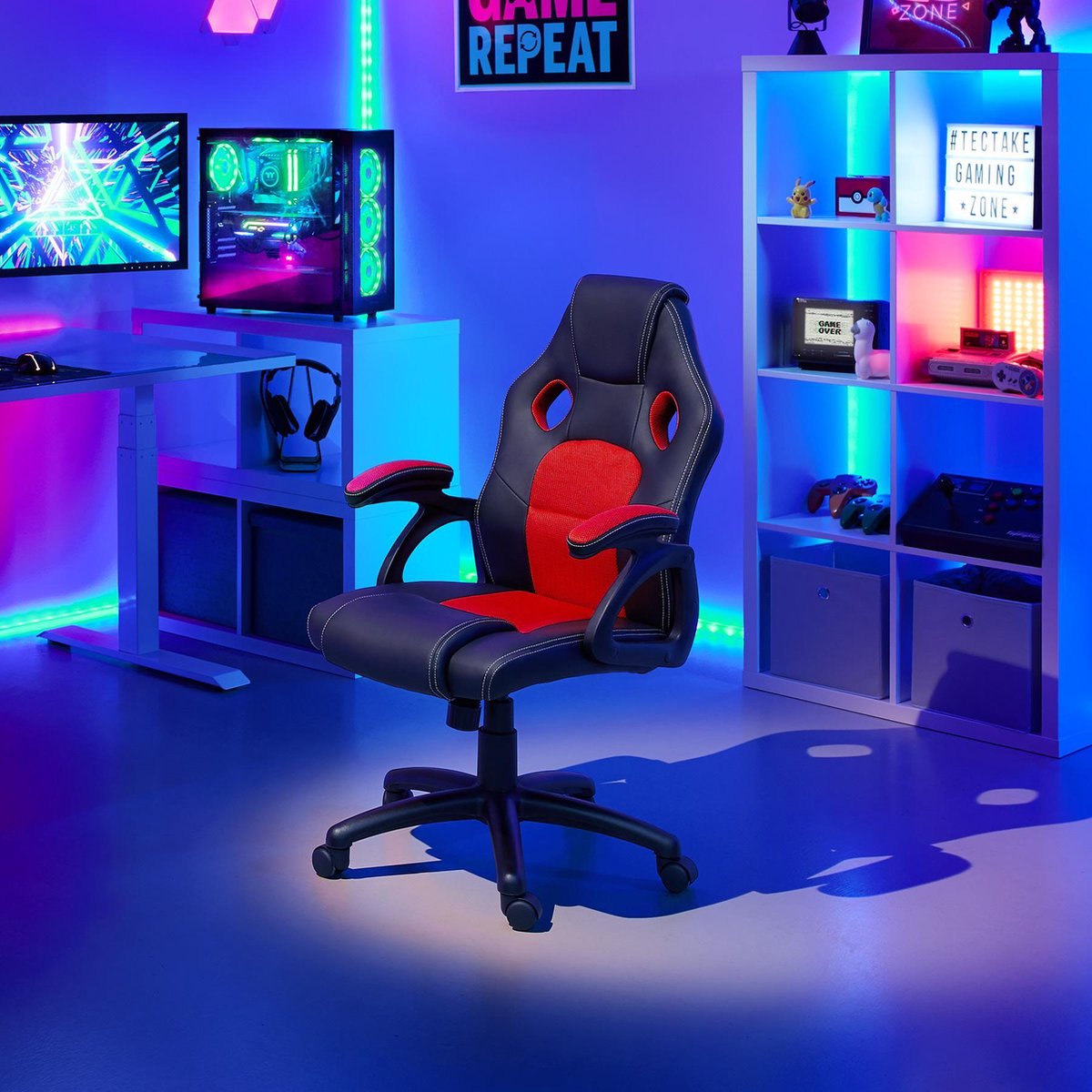 tectake® Gamingstoel - met Kantelfunctie, Directiestoel, Bureaustoel op Wielen - In Hoogte Verstelbare Ergonomische Bureaustoel - PC Stoel - Zwart/Rood