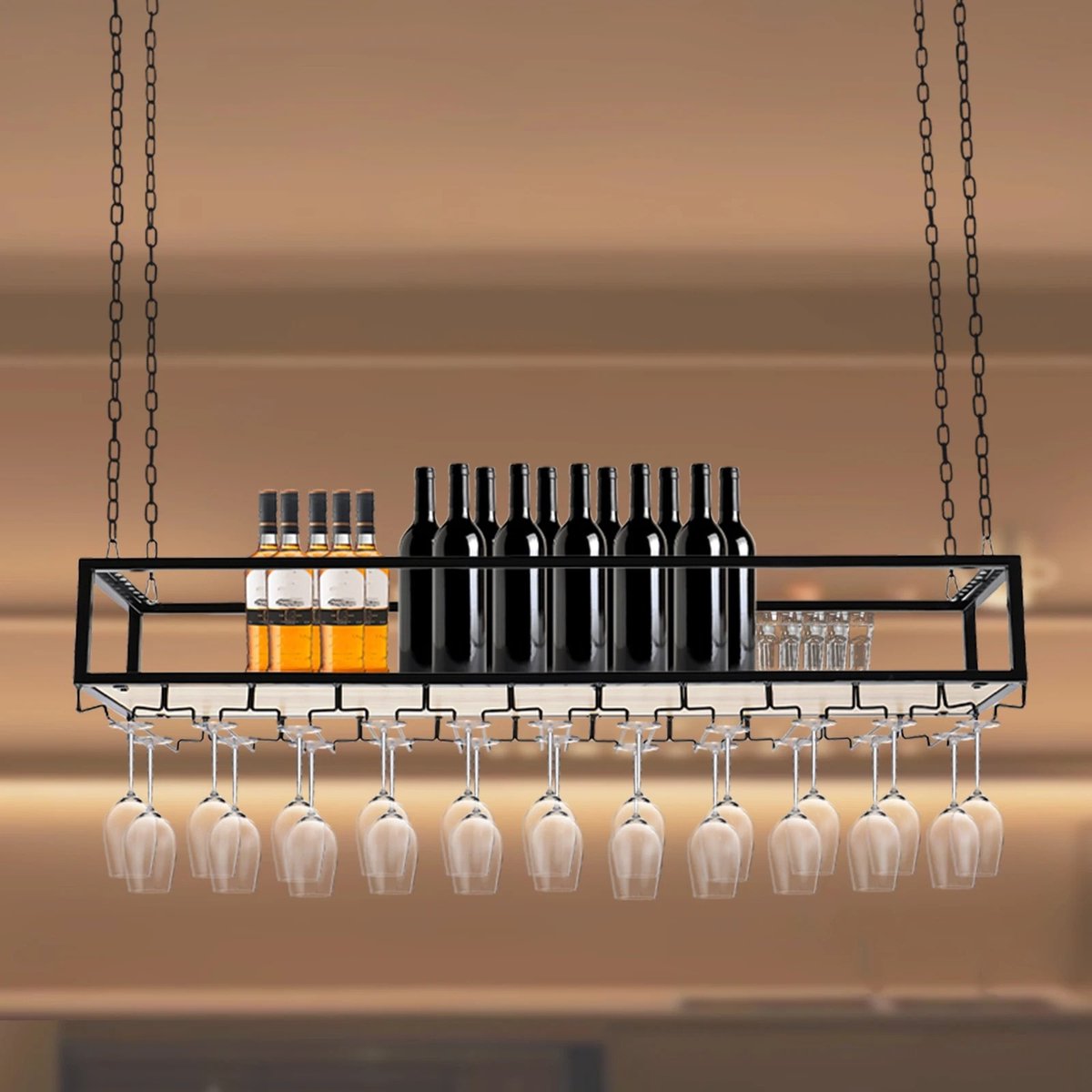 Wine Rack - Hanging - With Glass Holder - Adjustable Chains up to 1M - Industrial - Ceiling Mount - 110cm - Load Capacity 75 kg
