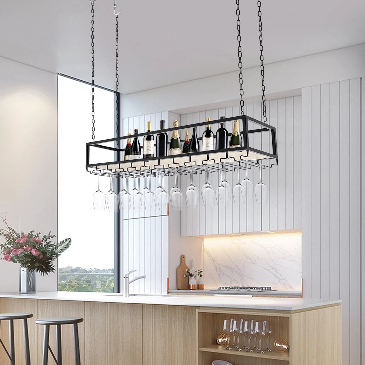Wine Rack - Hanging - With Glass Holder - Adjustable Chains up to 1M - Industrial - Ceiling Mount - 110cm - Load Capacity 75 kg