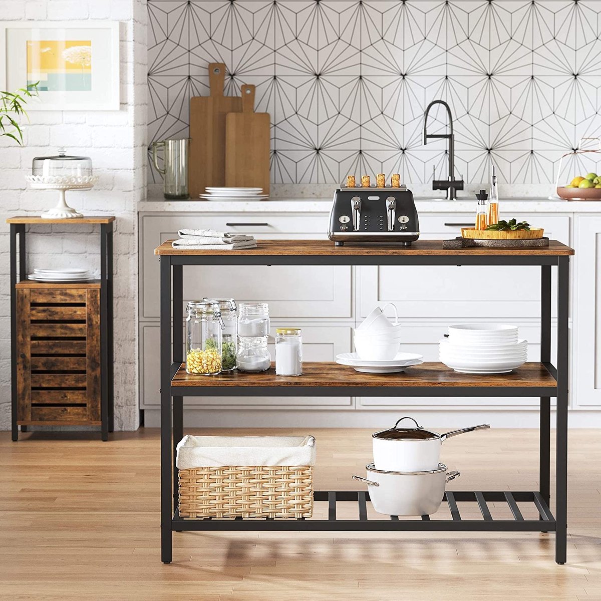 Kitchen shelf with 3 shelves, kitchen island with large worktop, stable metal frame, 120 x 60 x 90 cm, easy assembly, industrial design, vintage brown-black KKI01BX