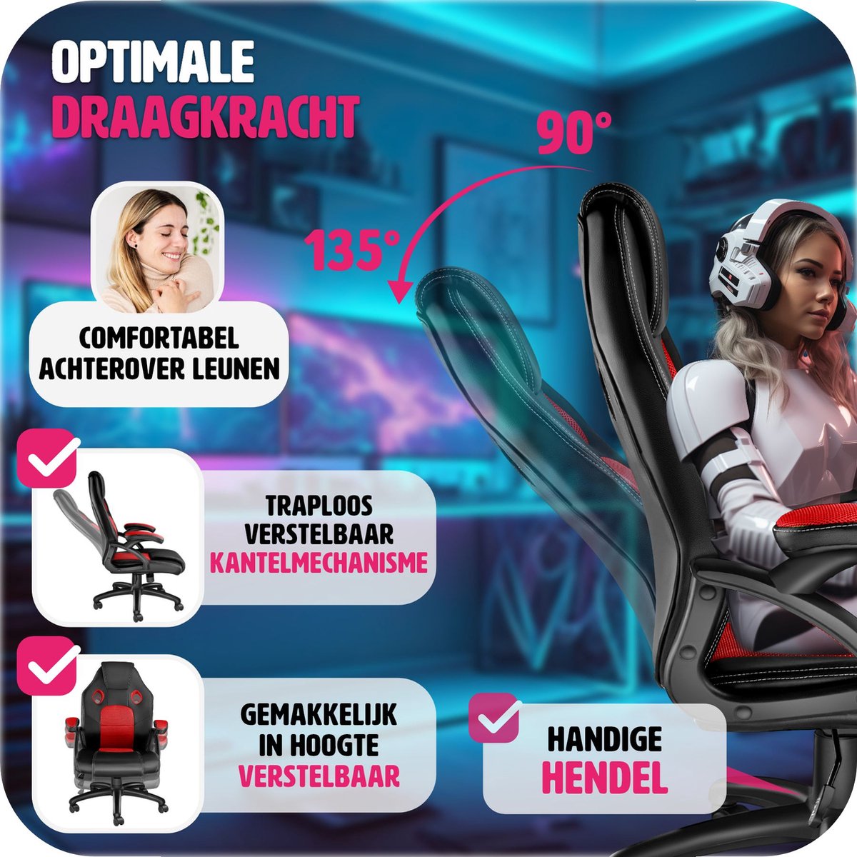tectake® Gamingstoel - met Kantelfunctie, Directiestoel, Bureaustoel op Wielen - In Hoogte Verstelbare Ergonomische Bureaustoel - PC Stoel - Zwart/Rood