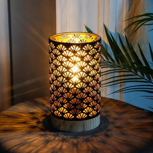 225 cm hoge tafellamp op batterijen met LED-lamp waaiervormig patroon - Decoratieve draadloze batterijlamp voor bruiloft tuin binnen balkon slaapkamer met houten voet