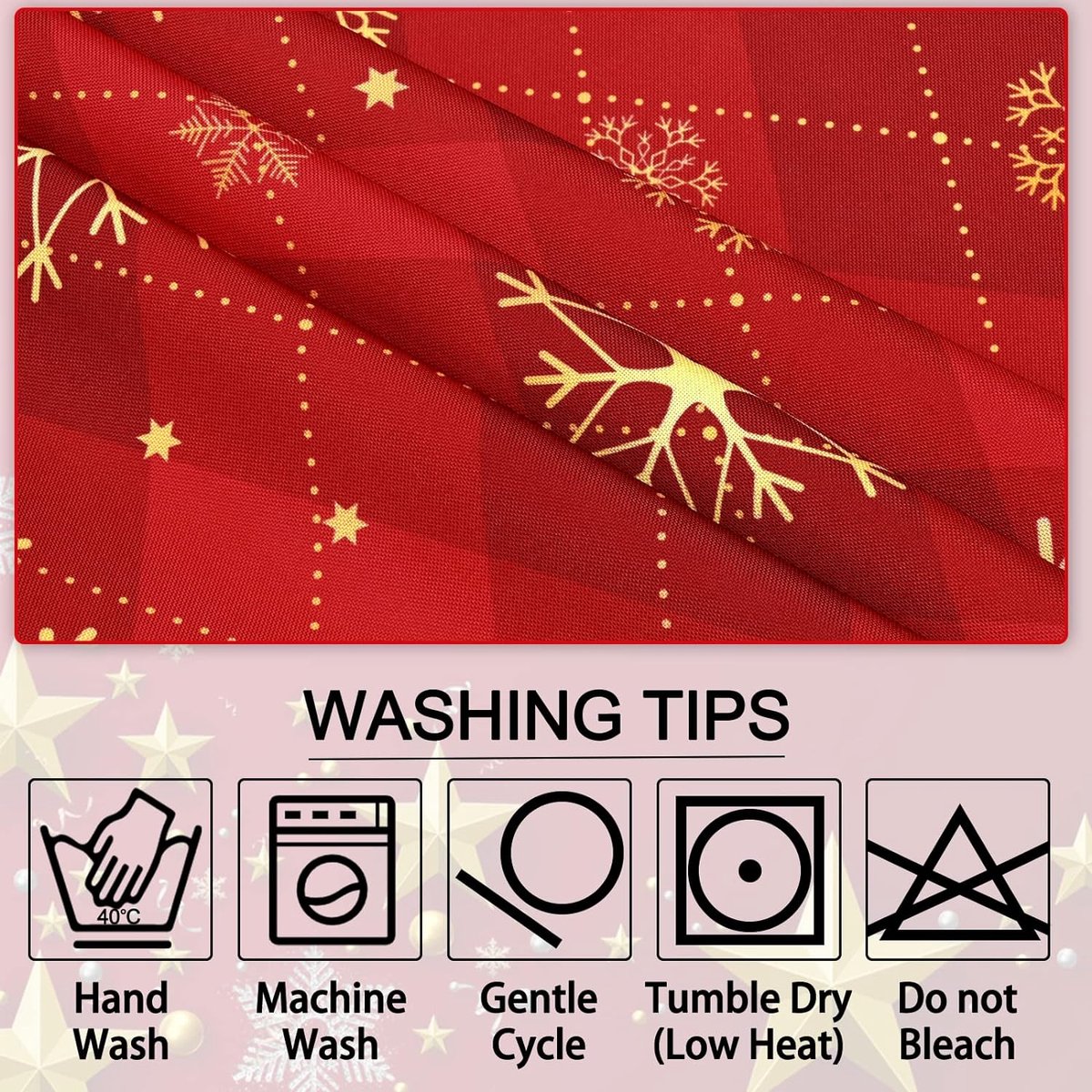 Rood kersttafelkleed, gele sneeuwvlokken, geruit, rechthoekig, waterdicht lotuseffect, afwasbaar tafelkleed voor vakantie, eettafel, winter, party, 130 x 220 cm