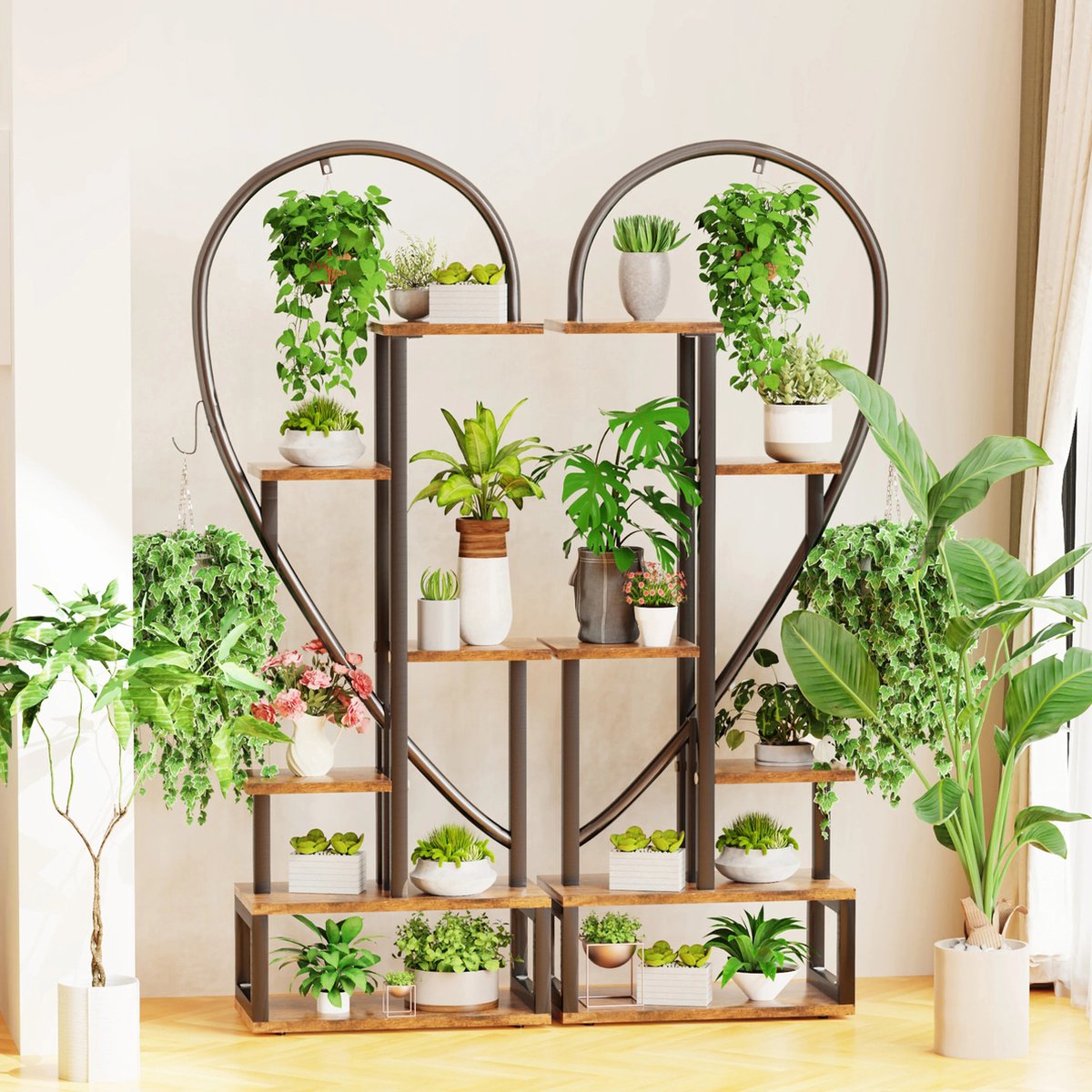 Plantenstandaard - Plantenrek - Plantentafel - Voor Binnen En Buiten - Hartvorm - 112x28x165cm - Zwart - Bruin