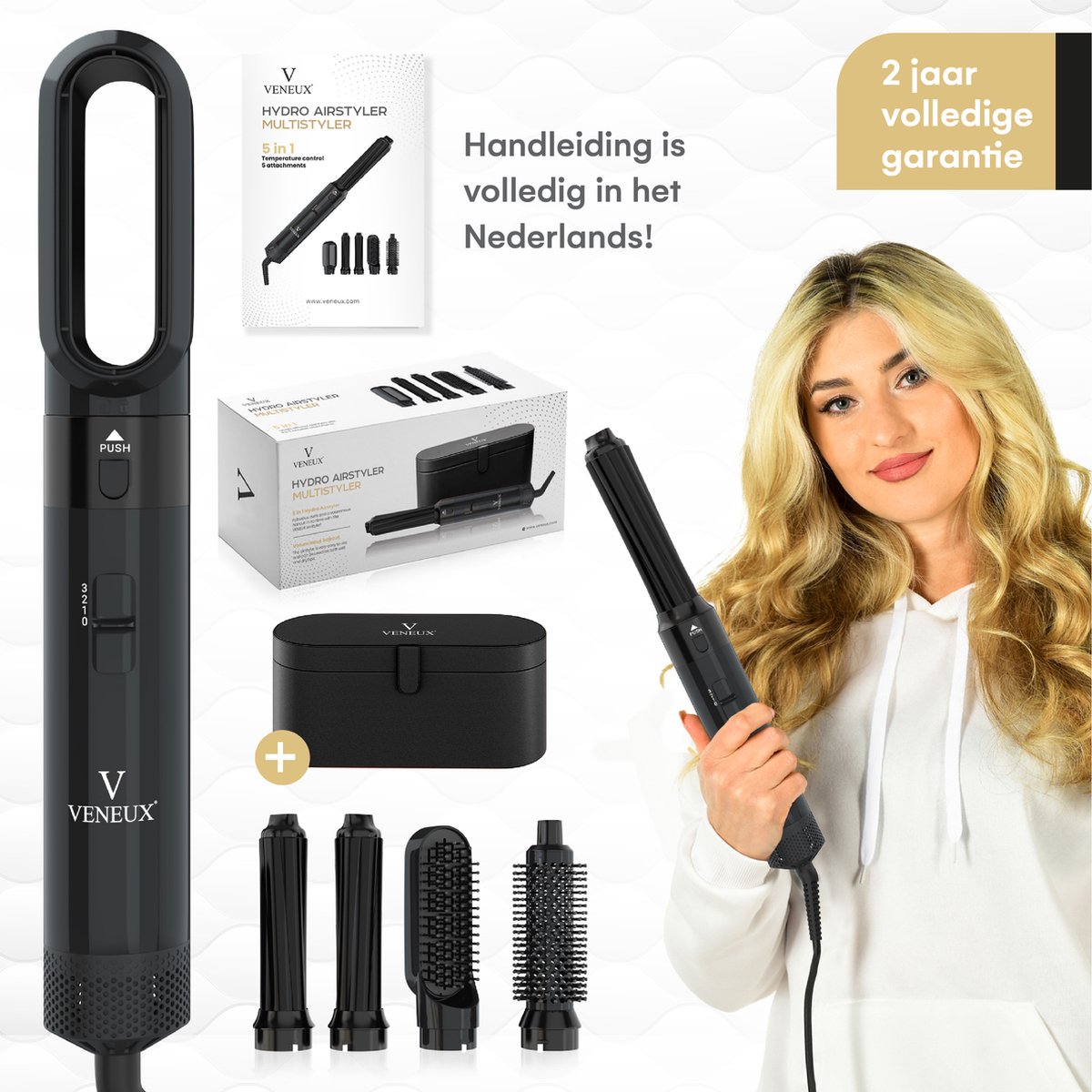 VENEUX® Föhnborstel - Airstyler - Krulborstel - Krultangen - 5 in 1 Multistyler - Met Opbergcase - Zwart