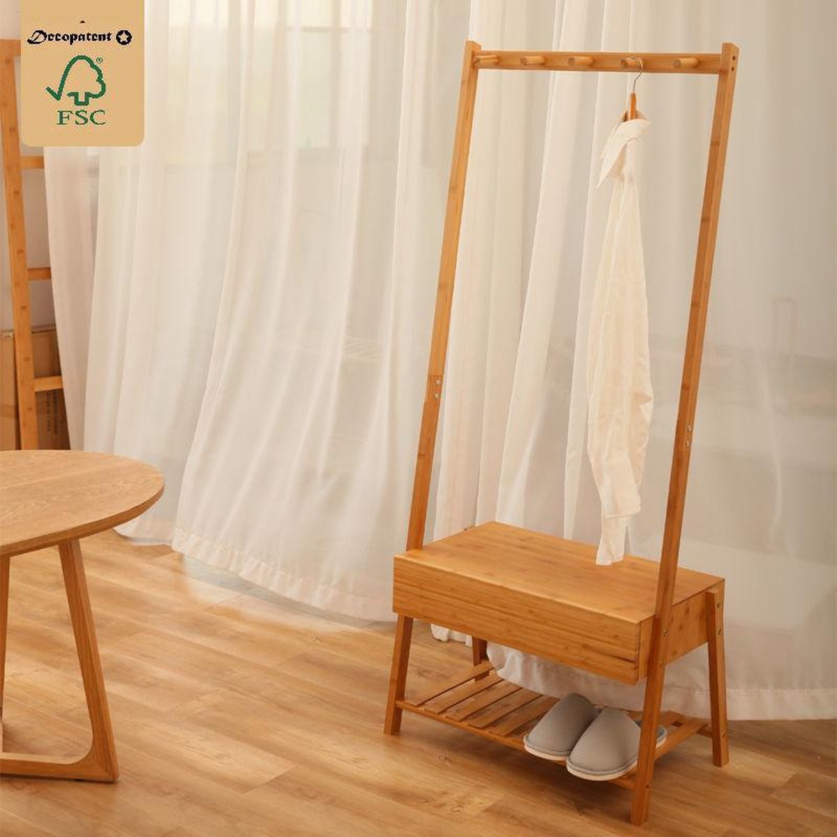 Stevig staand bamboe garderoberek - Voorzien van kapstok, lade & legplank voor schoenen - kledingrek - bamboe houten kledingrek - staand garderoberek - kleding rek met schoenenrek - Decopatent®
