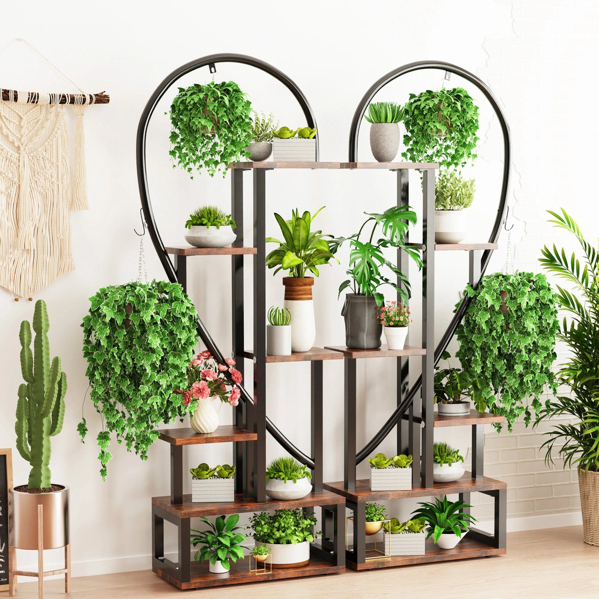 Plantenstandaard - Plantenrek - Plantentafel - Voor Binnen En Buiten - Hartvorm - 112x28x165cm - Zwart - Bruin