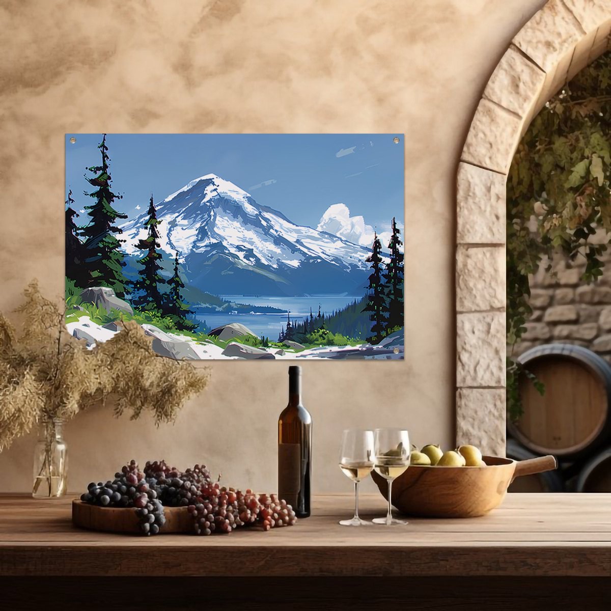 Berg tuinposter - Natuur tuinposter - Tuinposter Sneeuw - Posters buiten - Tuinaccessoires - Tuin decoratie voor buiten tuinposter 120x80 cm