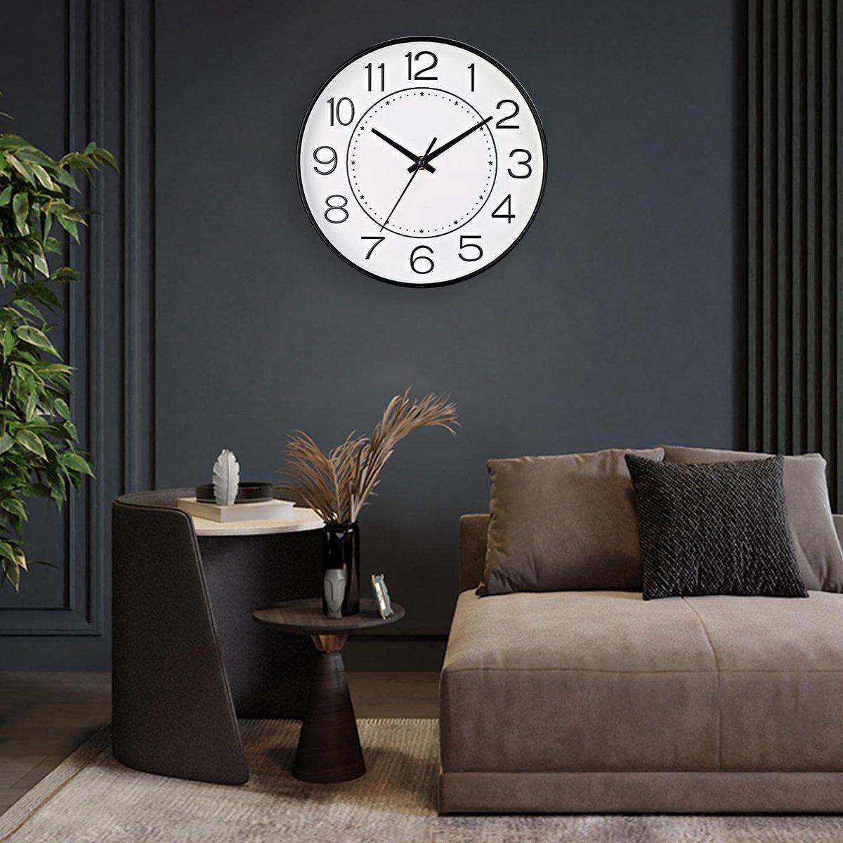 Wandklok 25,5 cm Stille Niet-Tikkende Ronde Wanddecoratie, Wandklokken voor Woonkamer Keuken Kantoor (Wit Zwart)