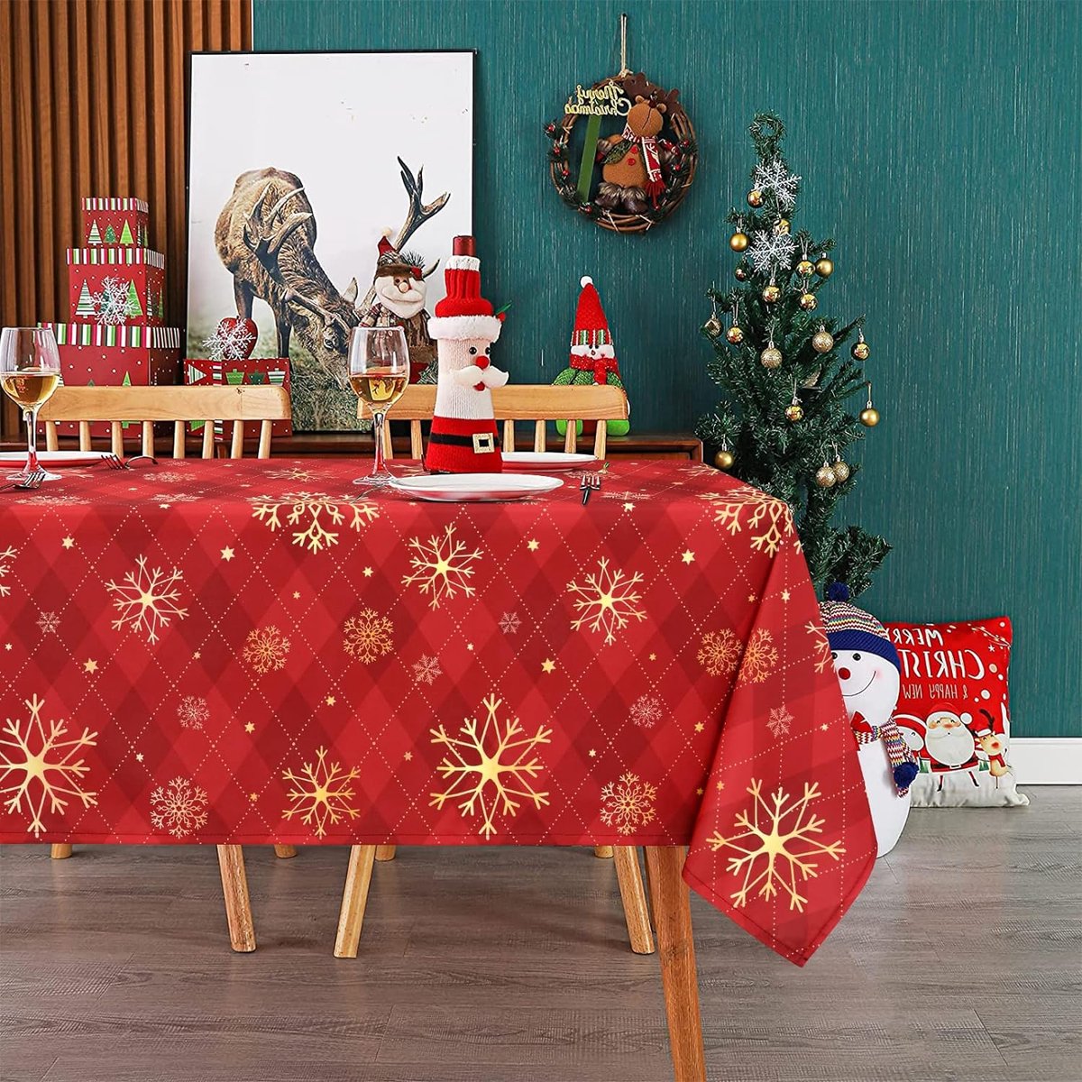 Rood kersttafelkleed, gele sneeuwvlokken, geruit, rechthoekig, waterdicht lotuseffect, afwasbaar tafelkleed voor feestdagen, eettafel, winter, feest, 130 x 220 cm