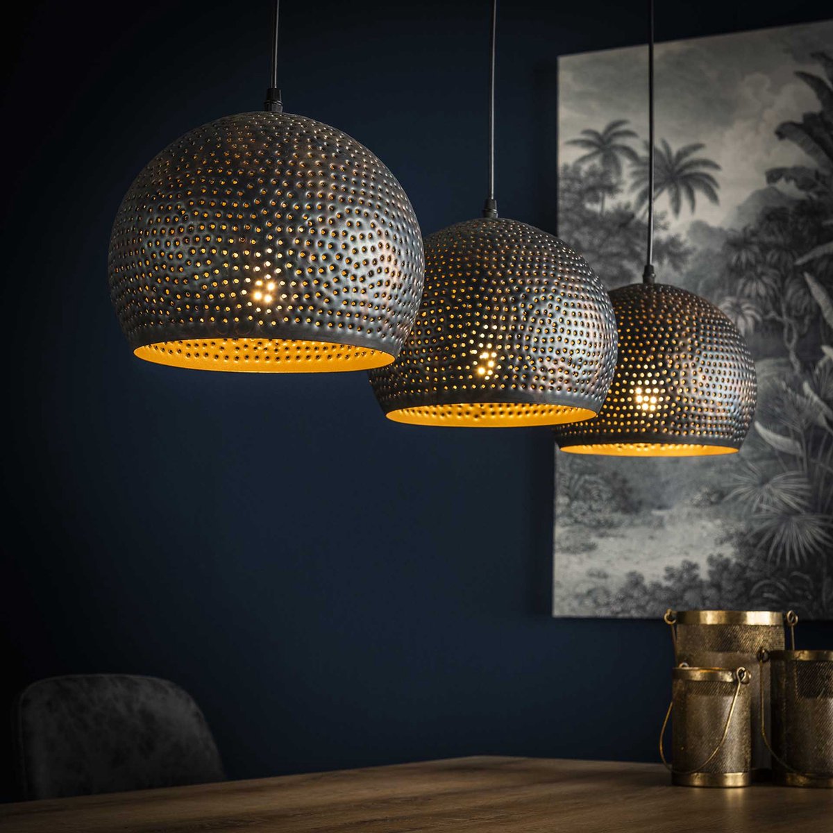 Hanglamp Punch Bol | 3 lichts | bruin / zwart | metaal | in hoogte verstelbaar tot 150 cm | Ø 25 cm | eetkamer / eettafellamp | modern / sfeervol design