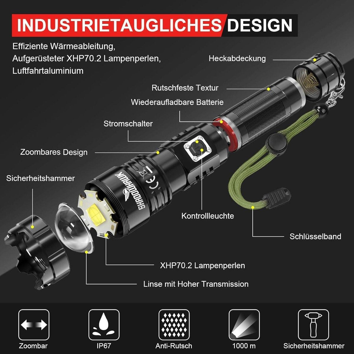 Zaklamp Extreem Helder 12.000 Lumen USB-Oplaadbaar Tactische Zaklamp IP67 Waterdicht 5 Lichtmodi Zoombaar voor Kamperen Wandelen Noodgevallen 21700 Batterij met XHP70.2 Led