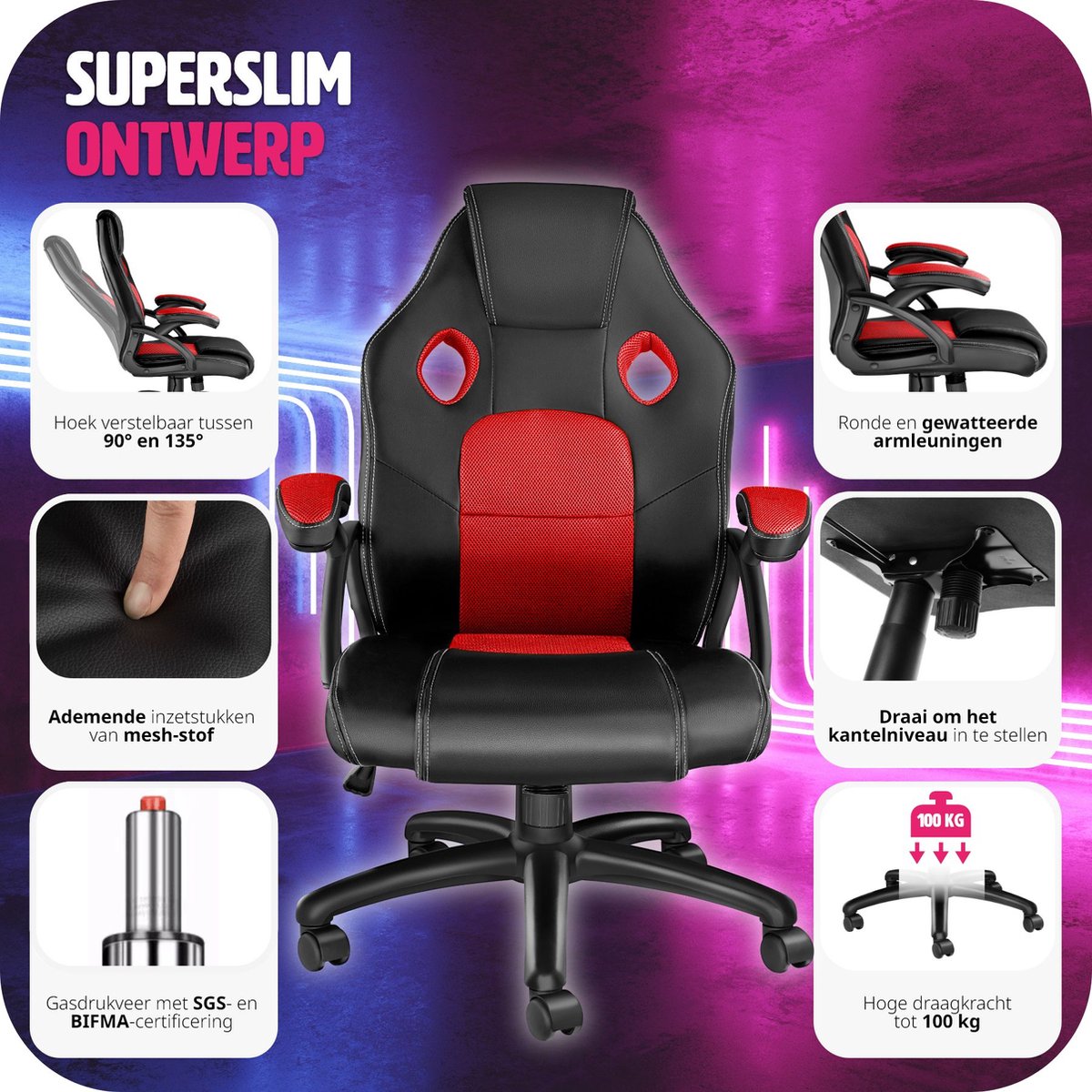 tectake® Gamingstoel - met Kantelfunctie, Directiestoel, Bureaustoel op Wielen - In Hoogte Verstelbare Ergonomische Bureaustoel - PC Stoel - Zwart/Rood