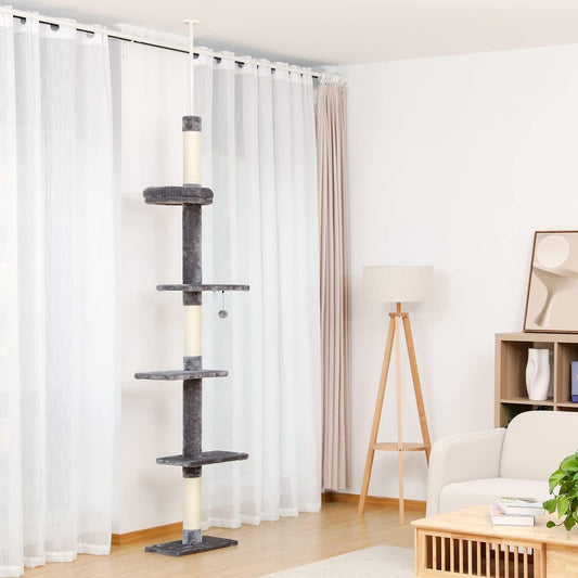 Cat Tree 5-Tier Floor to Ceiling Cat Tower Adjustable Height, Tall Climbing Activity Center for Kittens with Scratching Post, Cozy Bed, Dangling Ball for Indoor Cats/Kittens - Grey [Energy Class A]
