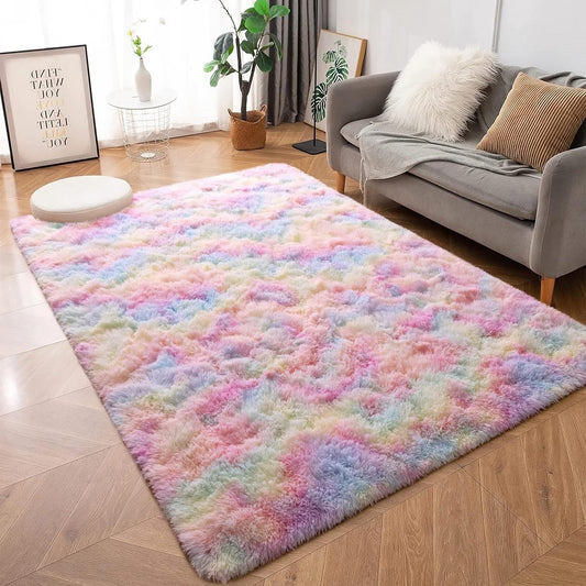 Plush Carpet - Round - Large Size - Modern Living Room - Soft and Fluffy - for Kids Girls - Bedroom/Nursery - Rainbow - 80 x 150 cm rug