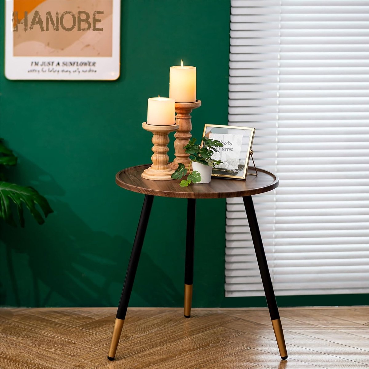 Bijzettafel Rond Hout: Moderne Bruine Noten Kleine Houten Bijzettafel voor de Woonkamer met 3 Metalen Poten Kleine Buitencouch Sofatafels voor Tuindecoratie, 45 cm.