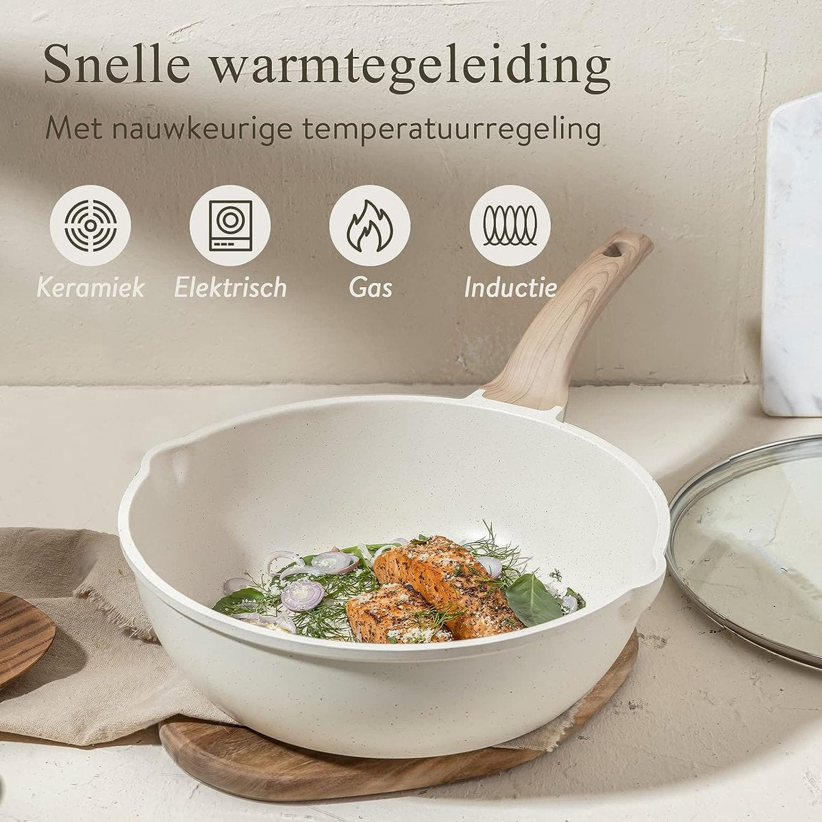 CAROTE Pannenset 14-delig, Bestaande uit een pan van 24/28 cm, 18/20/24 cm Kookpan met deksel en keukengerei, Niet giftig, Compatibel met alle fornuizen