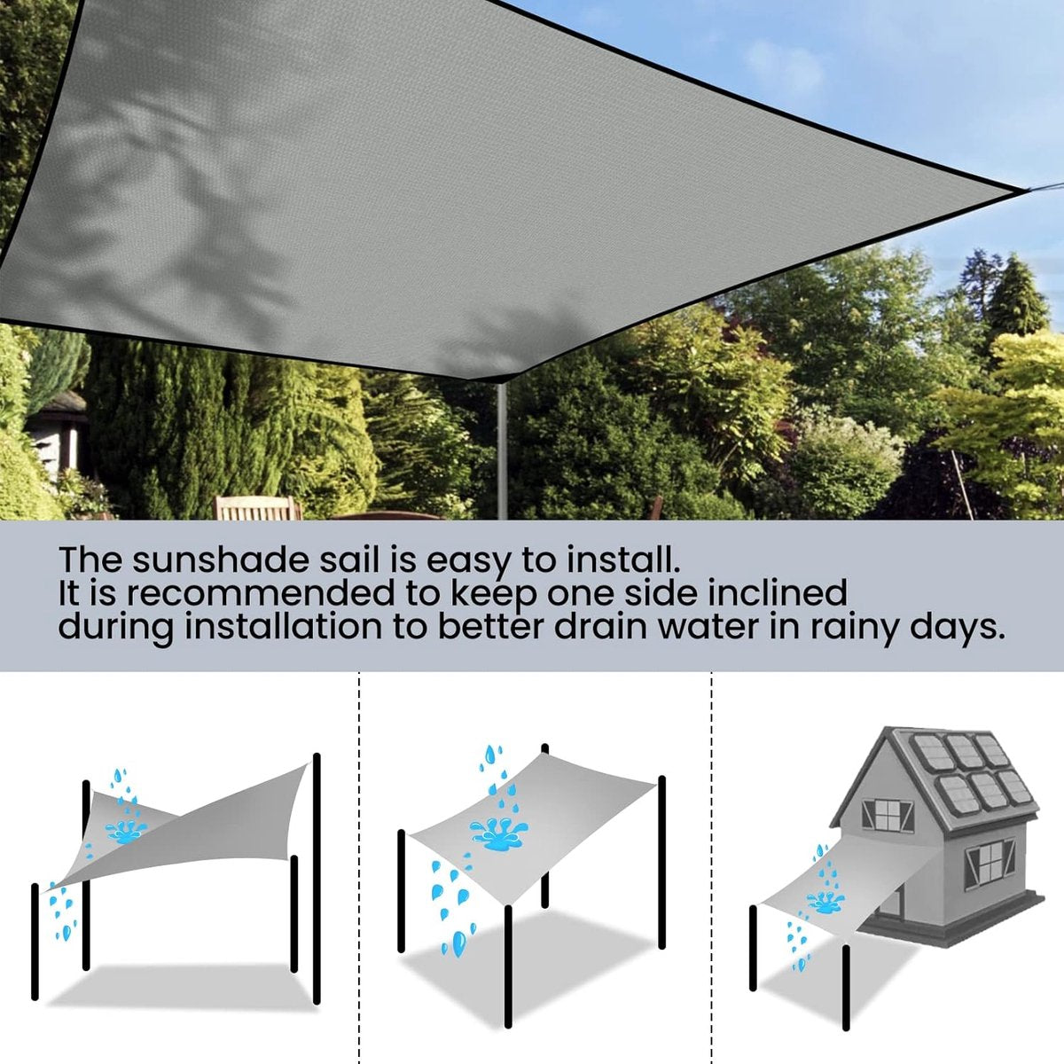Rechthoekig zonnezeil, 3 x 4 m, vierkante polyester luifel met ogen en bevestigingstouwen voor tuin, terras, camping, buitenruimte, weerbescherming, 95% UV-bescherming, waterdicht,