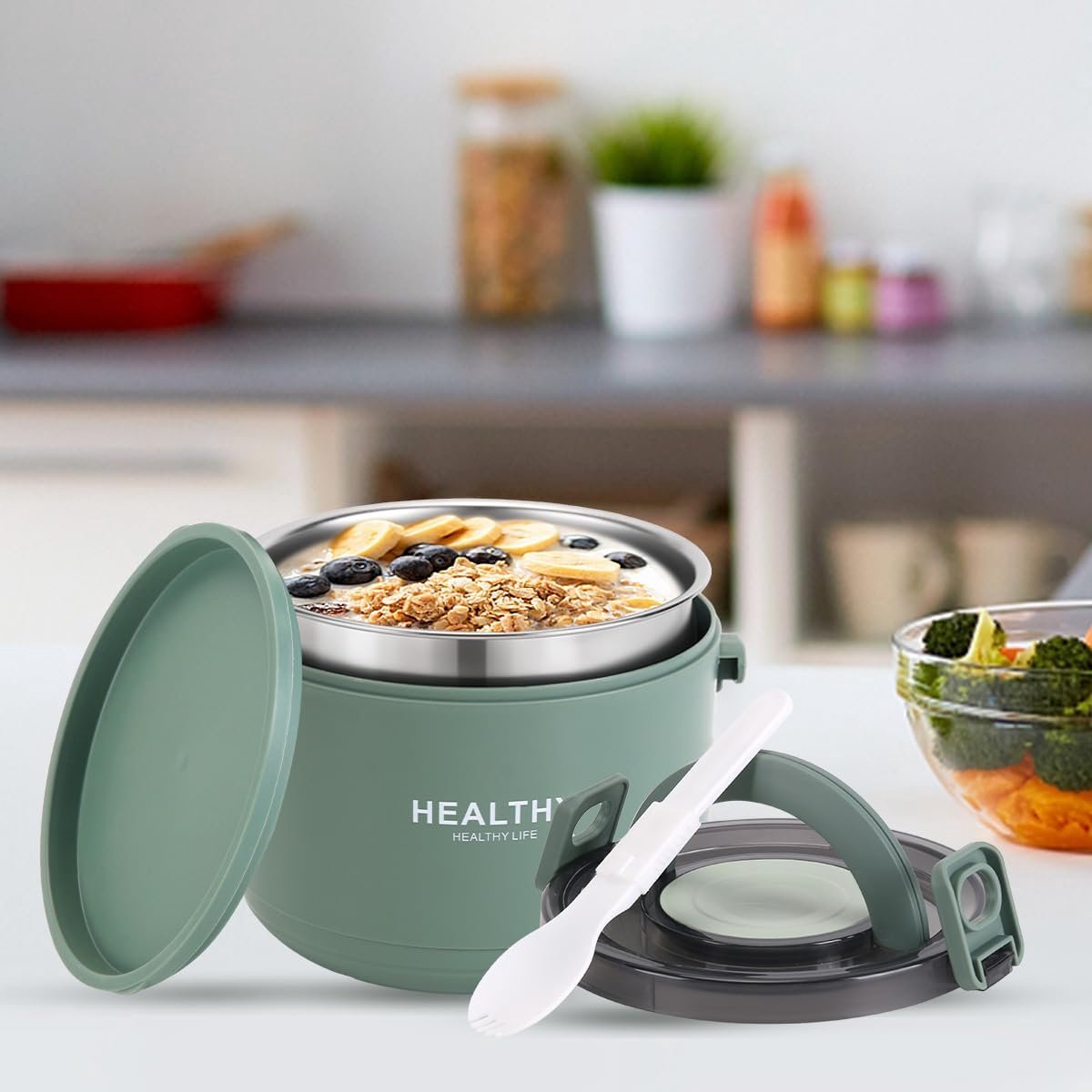 Thermo-etenscontainer, 1000 ml roestvrij staal, warmhoudcontainer voor eten en kinderen, thermische lunchbox met gespsluiting voor soep, muesli, stoofpot (groen)