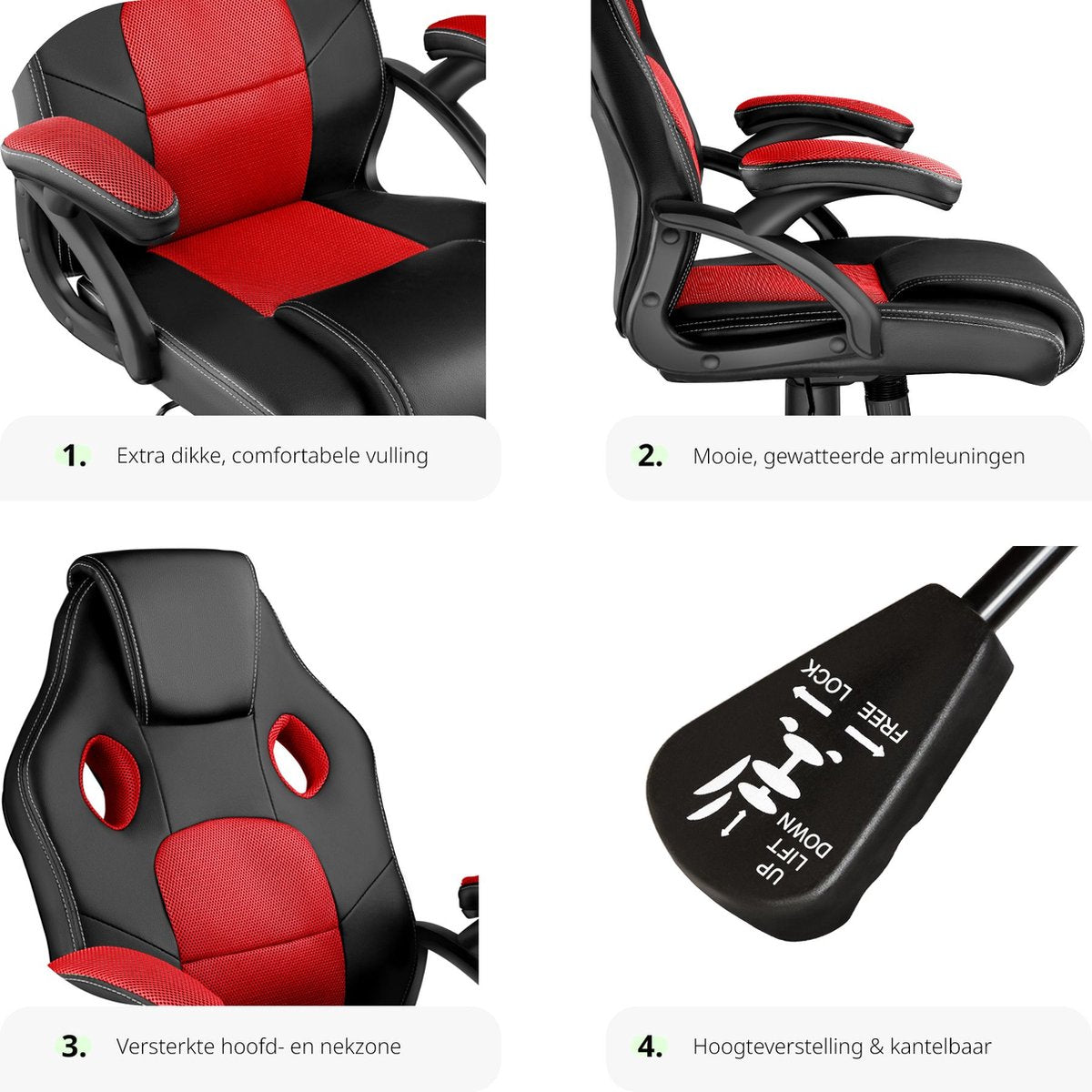 tectake® Gamingstoel - met Kantelfunctie, Directiestoel, Bureaustoel op Wielen - In Hoogte Verstelbare Ergonomische Bureaustoel - PC Stoel - Zwart/Rood