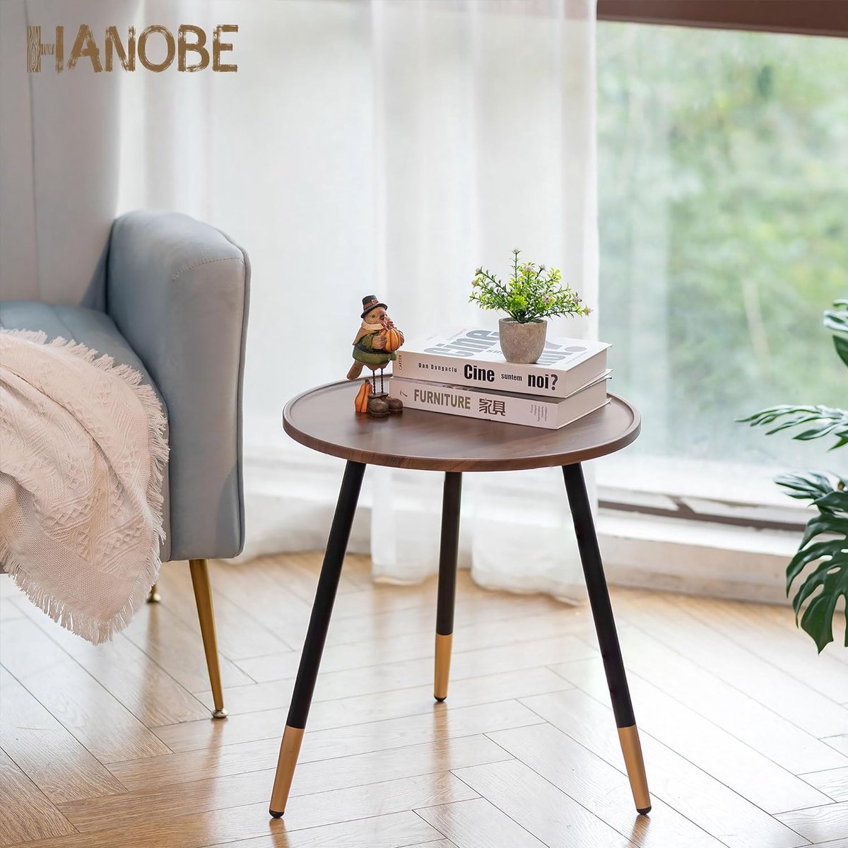 Bijzettafel Rond Hout: Moderne Bruine Noten Kleine Houten Bijzettafel voor de Woonkamer met 3 Metalen Poten Kleine Buitencouch Sofatafels voor Tuindecoratie, 45 cm.