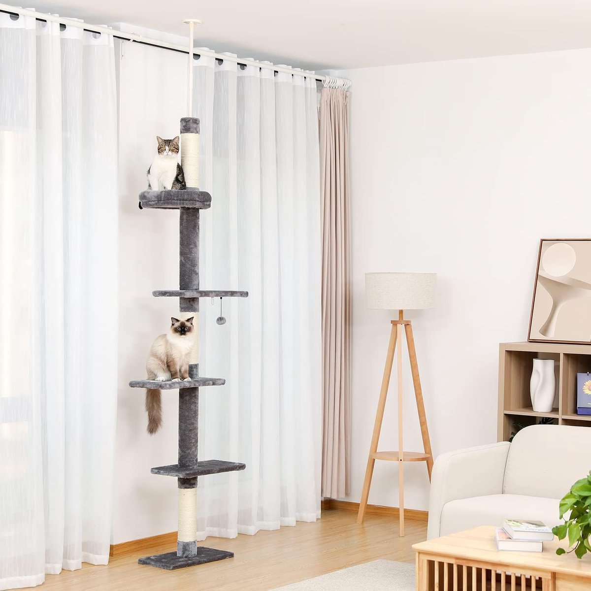Cat Tree 5-Tier Floor to Ceiling Cat Tower Adjustable Height, Tall Climbing Activity Center for Kittens with Scratching Post, Cozy Bed, Dangling Ball for Indoor Cats/Kittens - Grey [Energy Class A]