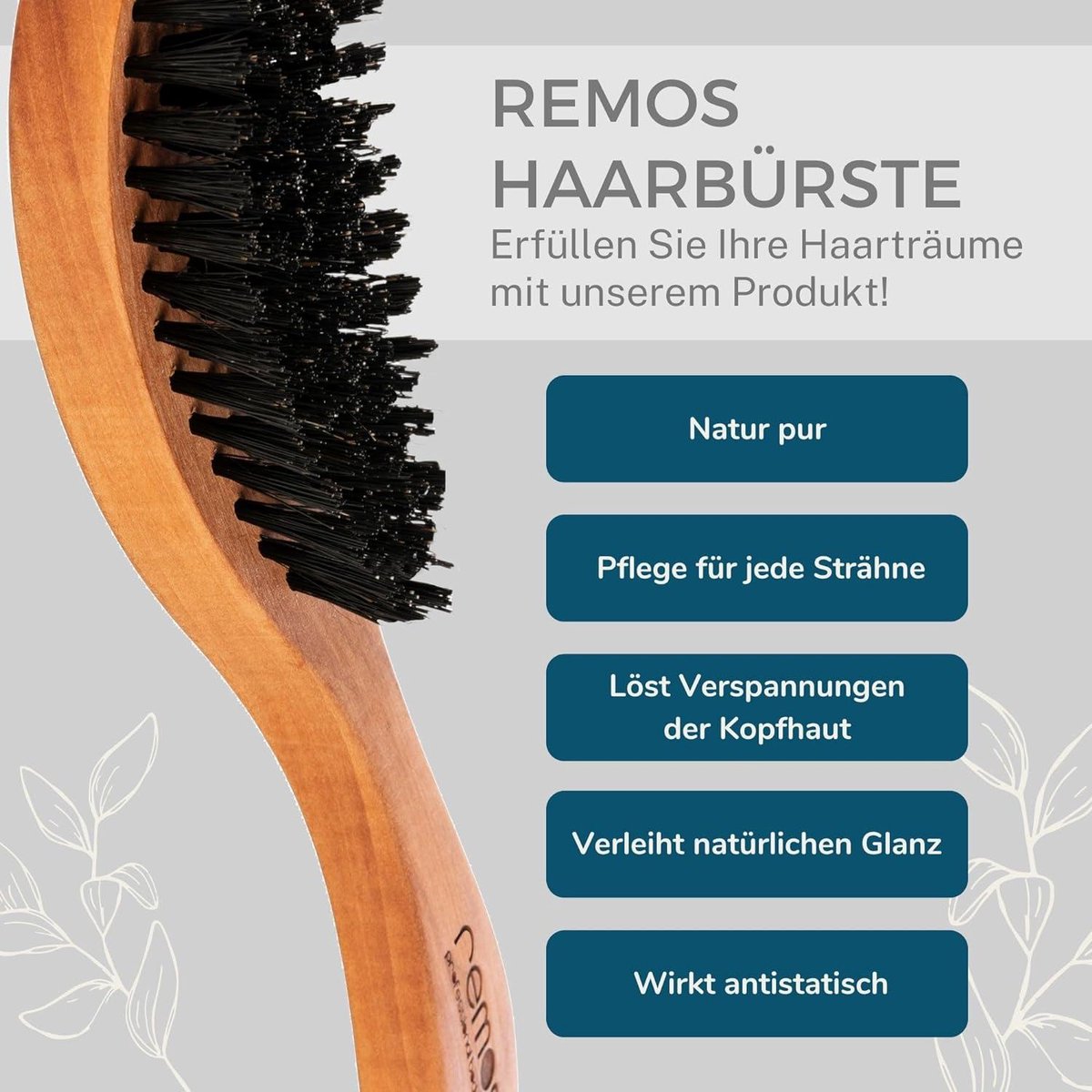 Hairbrush made from pearwood and wild boar bristles with a broad handle - natural REMOS quality