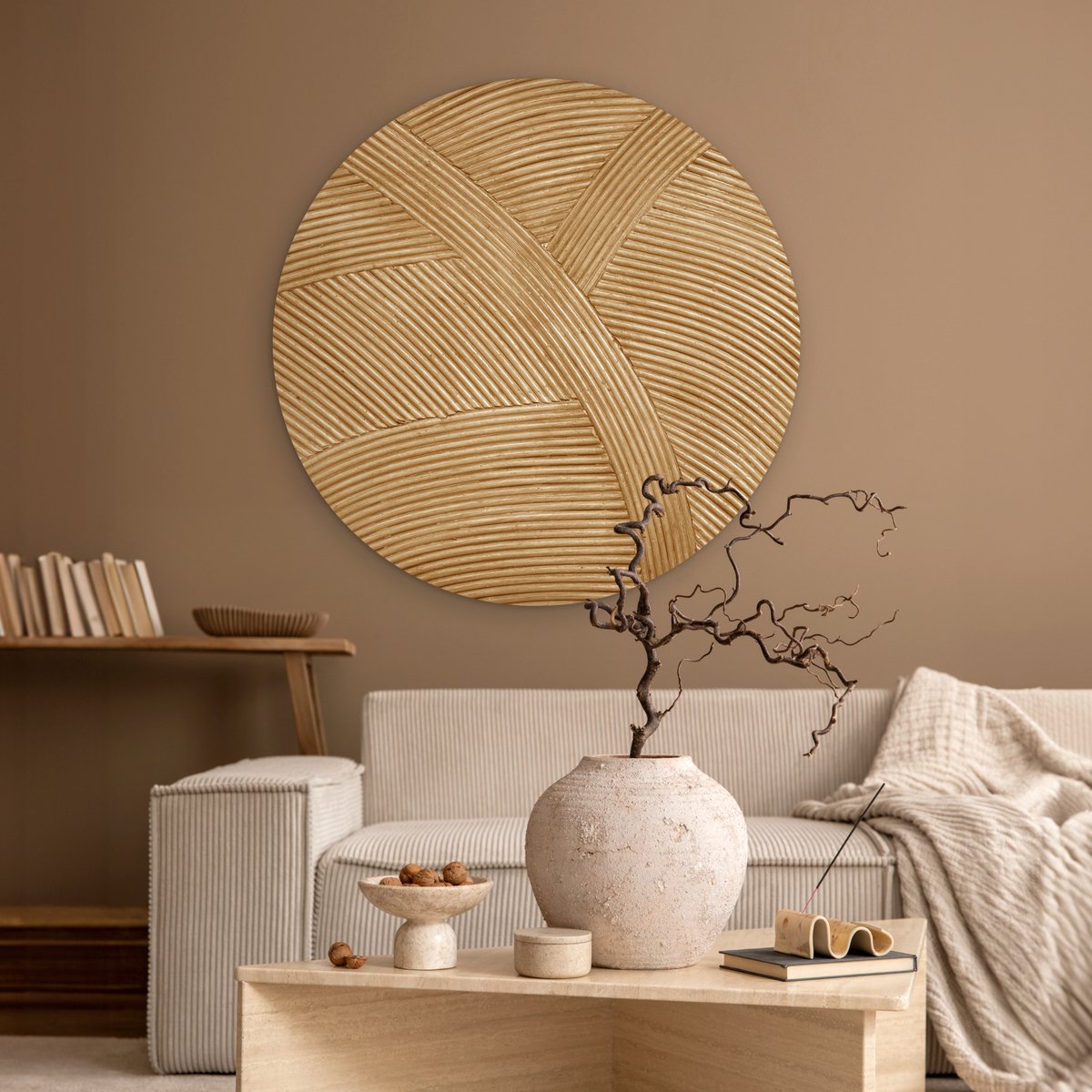 WallCircle® Wandcirkel 90 x 90 cm - Muurcirkel Structuur - Natuur - Rotan Kunst - Natuurlijk Modern - Muurdecoratie woonkamer - Wanddecoratie slaapkamer - Kamer decoratie accessoires - Ronde schilderijen - Woonaccessoires cirkel binnen