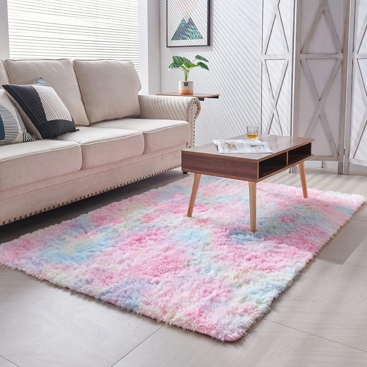 Plush Carpet - Round - Large Size - Modern Living Room - Soft and Fluffy - for Kids Girls - Bedroom/Nursery - Rainbow - 80 x 150 cm rug
