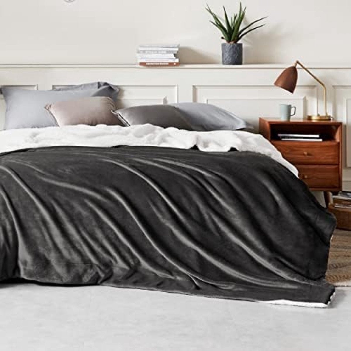 Sherpa deken fleece microvezel voor bed en bank grijs 240x220cm, deken voor 2 persoons super zachte donzige deken voor woonkamer en slaapkamer