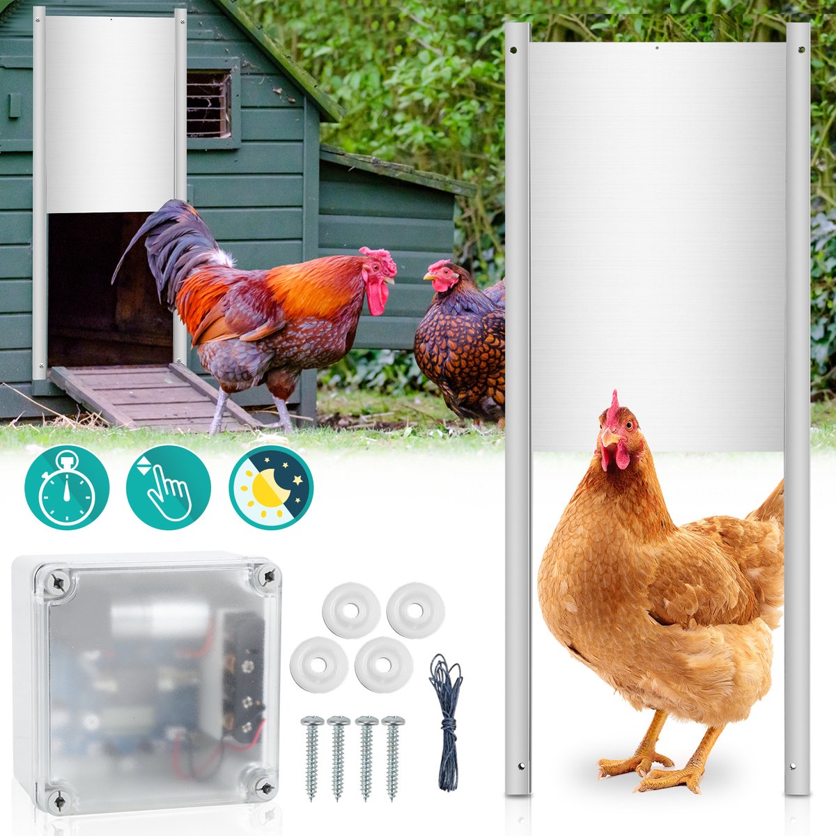 Automatic Chicken Coop Door - Coop Opener - Chicken Door - Chicken Coop Door with Controller - Chicken Door with Timer and Light Sensor - Aluminum - 22 x 32 cm