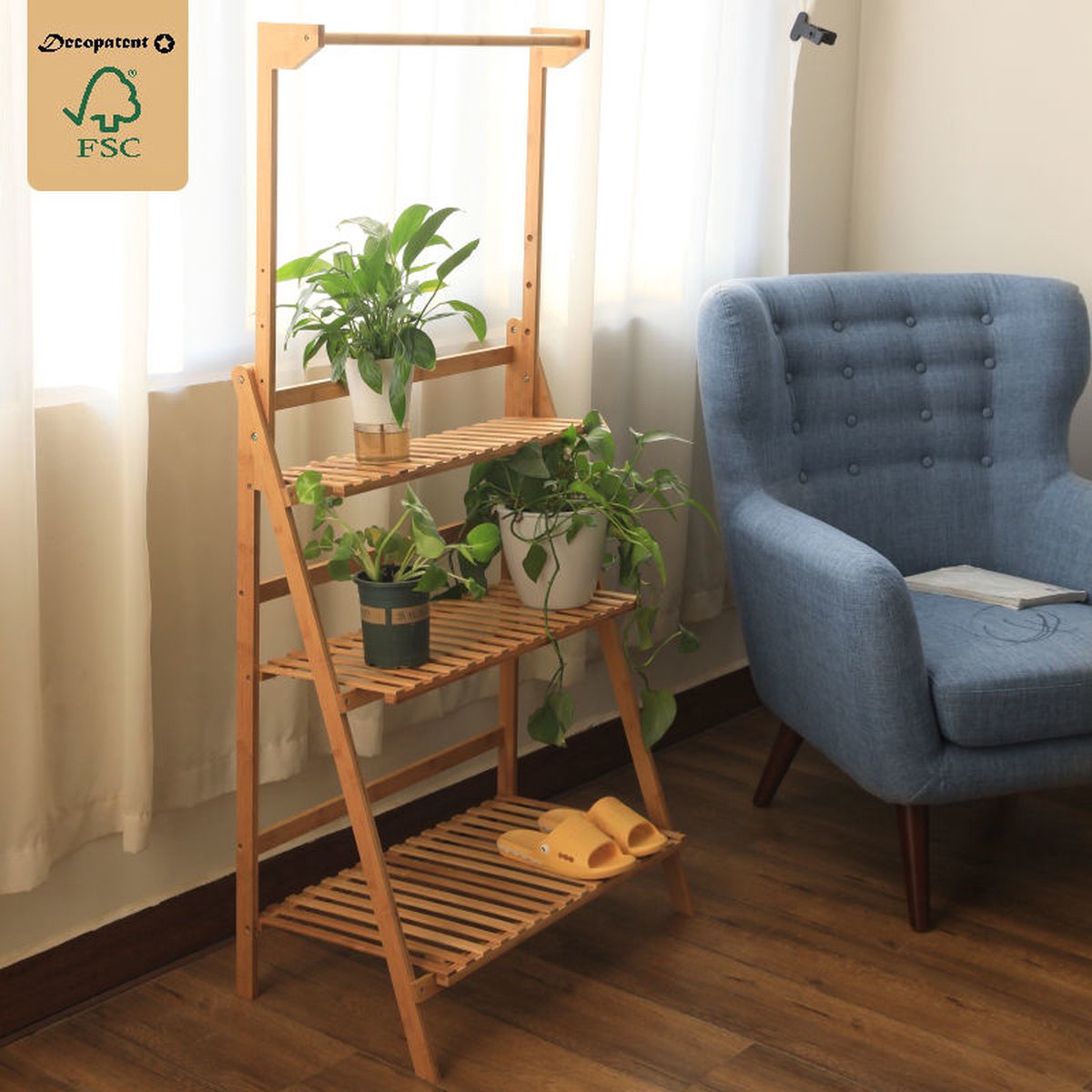 Decopatent® Plantenrek met 3 etages + Stang voor Hangplanten - Bamboehout staand binnen Plantentrap - Bloemenrek - Planten etagère