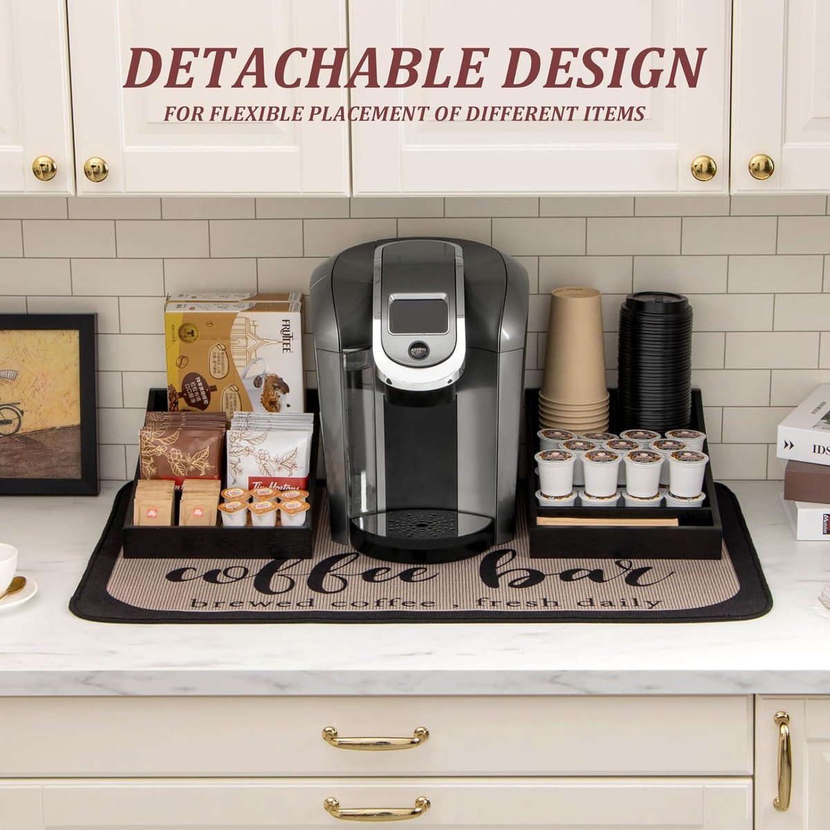 Coffee Station Organizer voor aanrecht - Hout Zwart 9 Vakken - Thuis en Kantoor Organizer voor Koffie en Thee theezakjeshouder