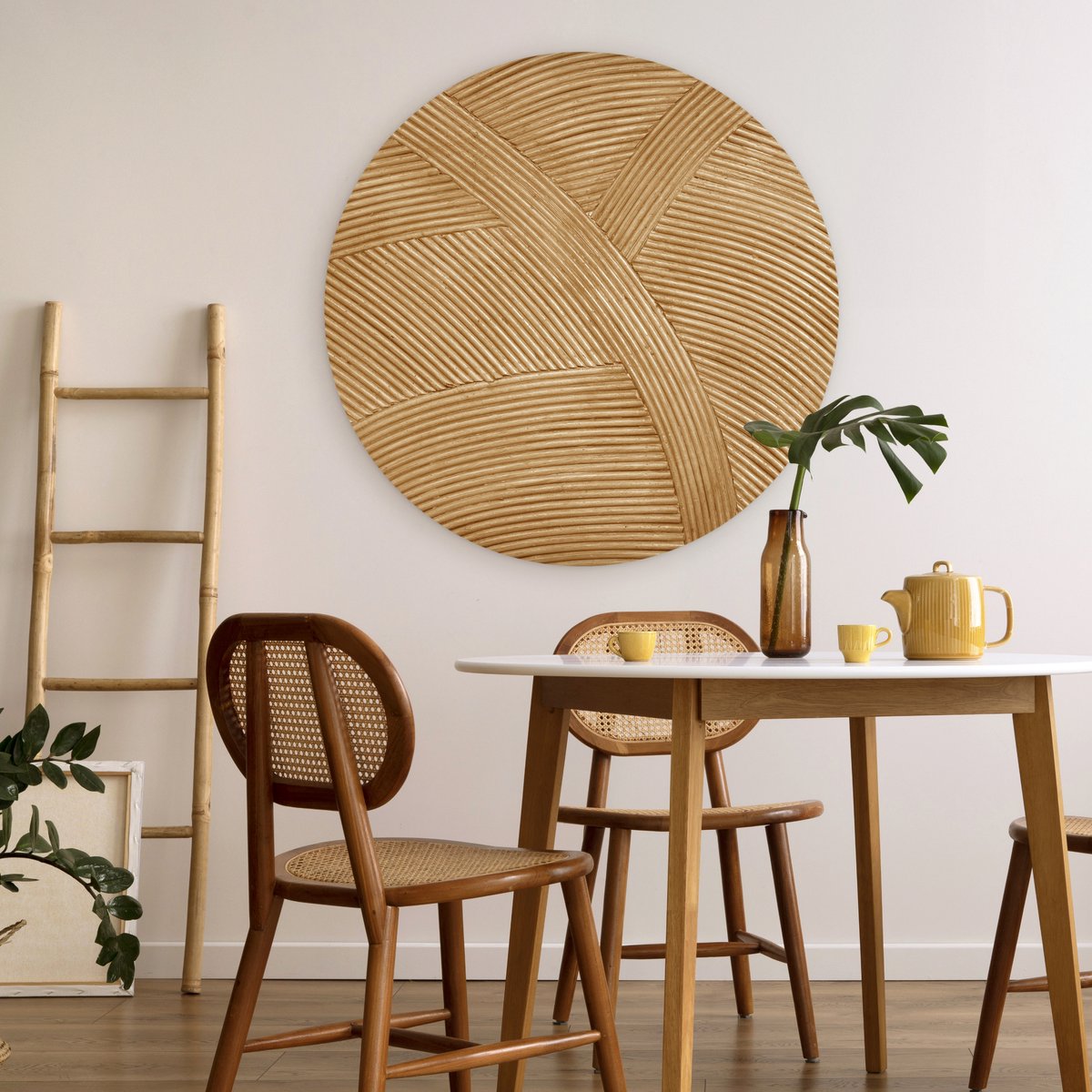 WallCircle® Wandcirkel 90 x 90 cm - Muurcirkel Structuur - Natuur - Rotan Kunst - Natuurlijk Modern - Muurdecoratie woonkamer - Wanddecoratie slaapkamer - Kamer decoratie accessoires - Ronde schilderijen - Woonaccessoires cirkel binnen