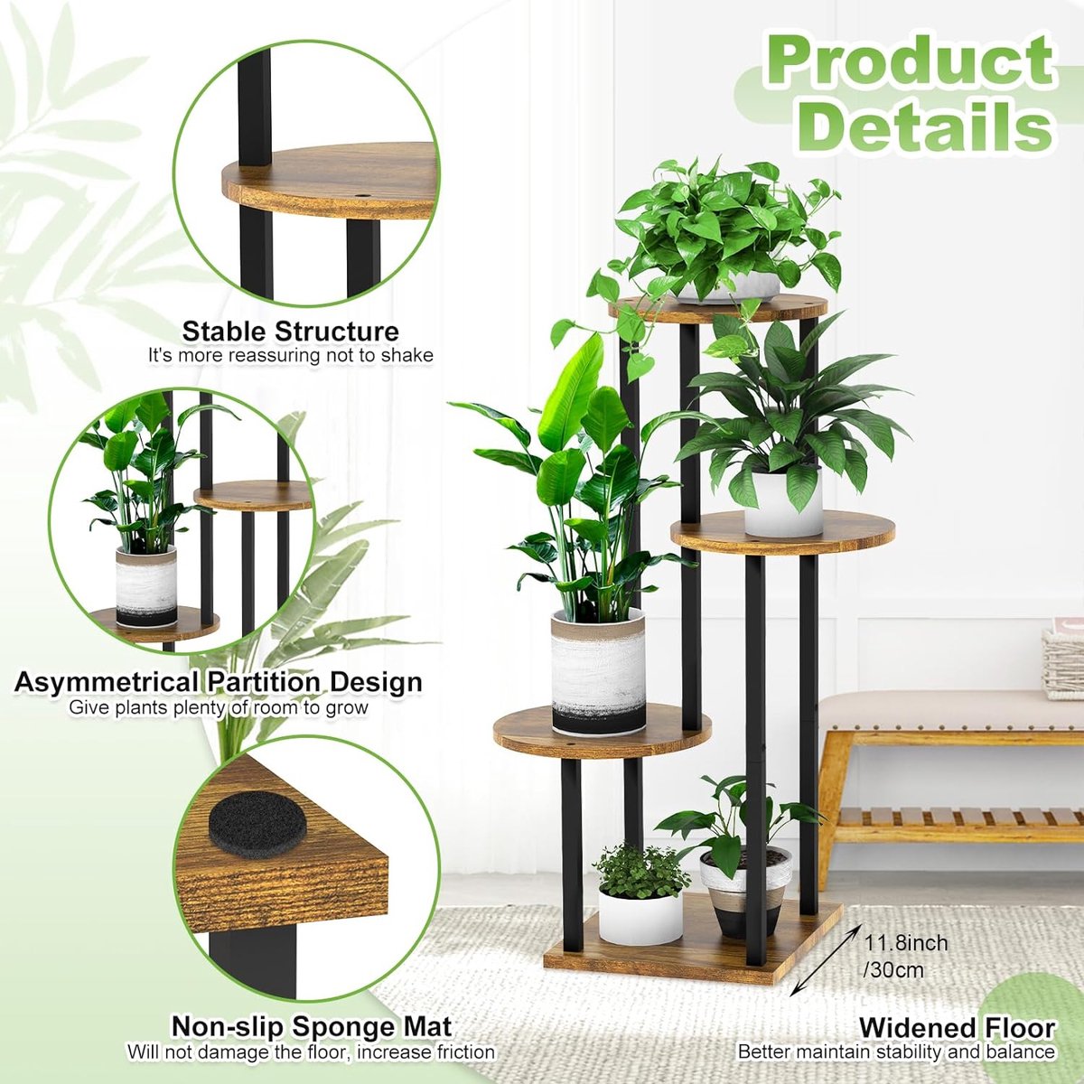 4-laags houten bloemenplank, metalen plantenplank, meerlaagse bloemenstandaard, plantenstandaard, bloemenbank, bloementrap, plantentrap, standaardplank voor binnen, buiten, tuin, balkondecoratie (rond zwart)