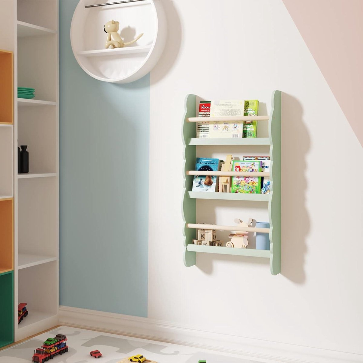 Children's bookcase wall shelf with 3 shelves - storage for books - pine wood E1 MDF - journey to the forest - children's room playroom toy cabinet